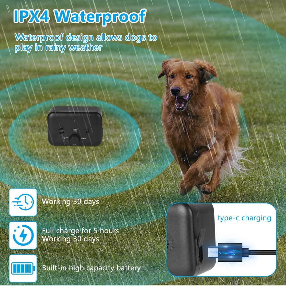 Ein brauner Hund rennt im Regen auf Gras. Ein schwarzes Gerät und ein Ladeanschluss sind im Bild. Text enthält wasserdichte und Batterieangaben.