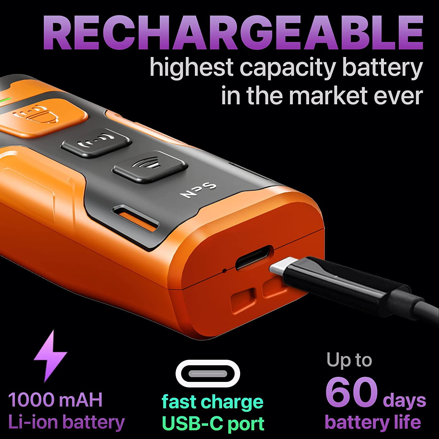 Ein orange-schwarzes Gerät mit Knöpfen, Ladeanschluss und Kabel. Text zeigt, dass es wiederaufladbar ist, mit USB-C-Schnellladung und 60 Tage Akkulaufzeit.