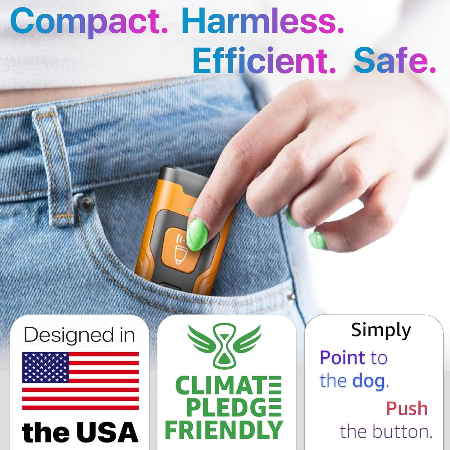 Hand hält ein orange-schwarzes Gerät in einer Jeans-Tasche. Text lautet 'Kompakt. Harmlos. Effizient. Sicher.' und 'Entworfen in den USA'.