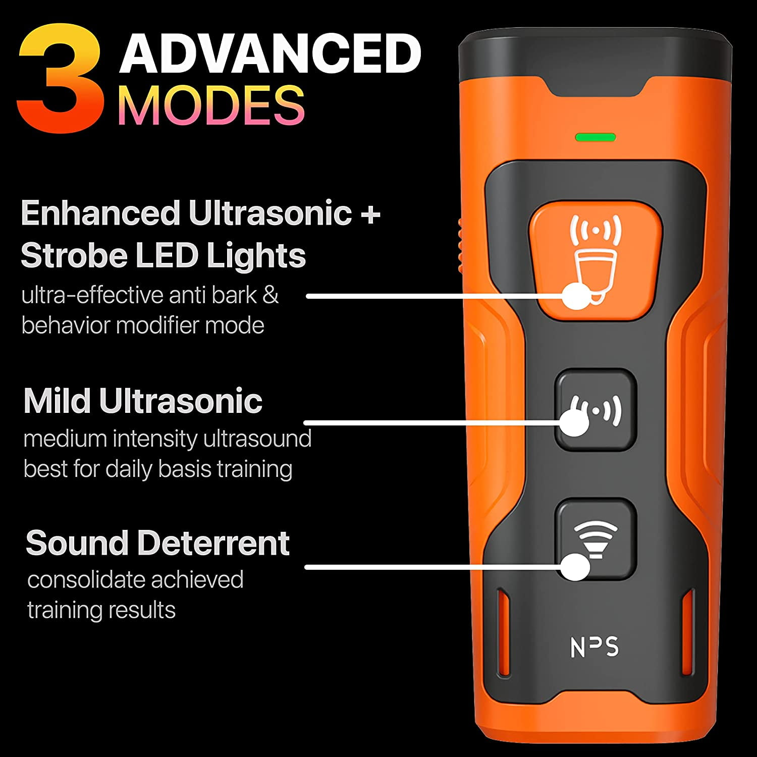 Ein orangefarbenes und schwarzes Gerät mit 3 Modi: Enhanced Ultrasonic, Mild Ultrasonic und Sound Deterrent. Das Gerät hat Knöpfe und ein grünes Licht.
