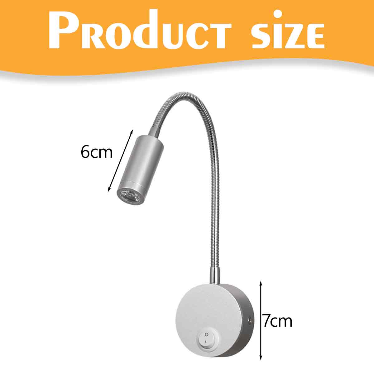 Eine silberne LED-Leselampe mit flexiblem Hals, rundem Sockel und Schalter. Produktgröße mit 6 cm und 7 cm angegeben.
