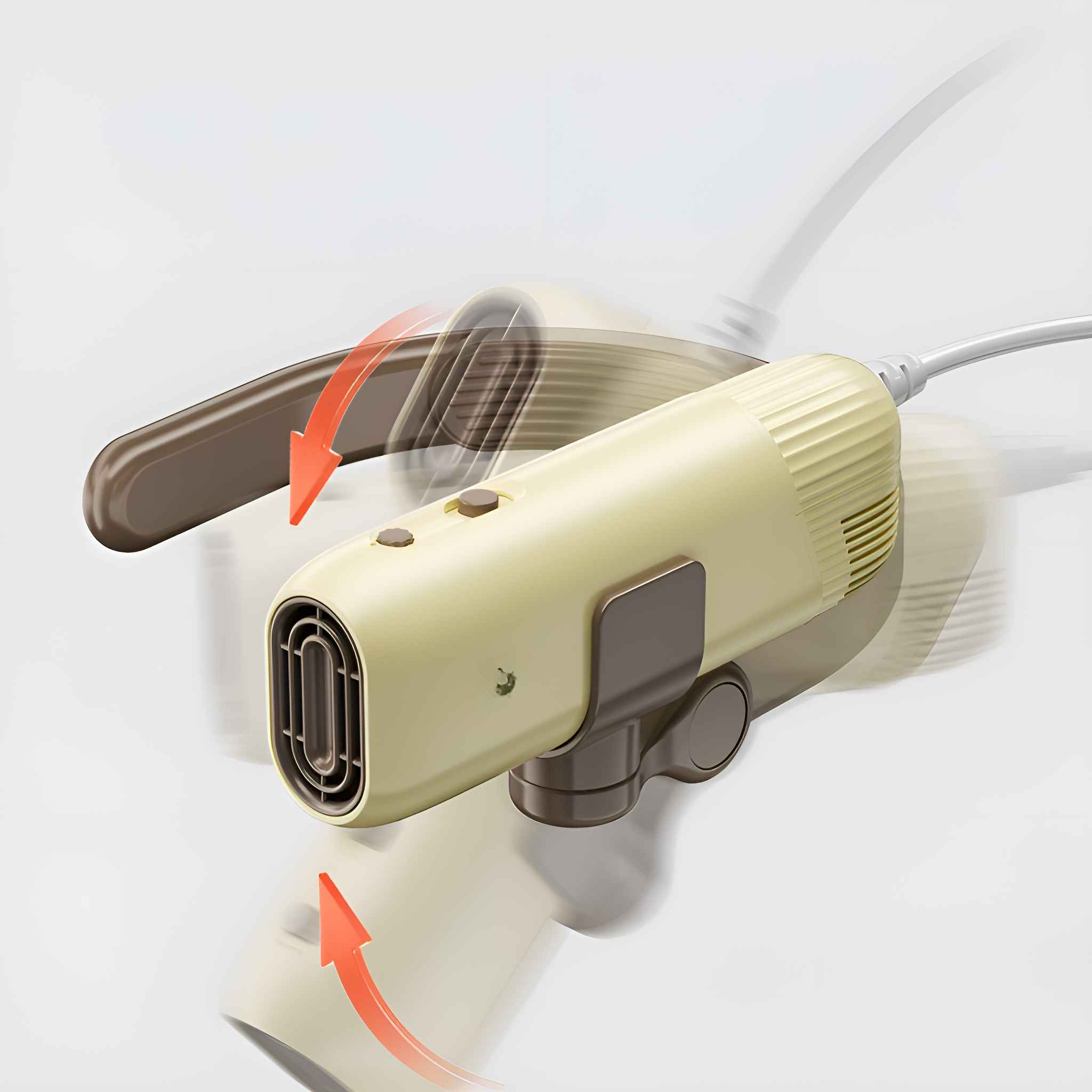 Ein gelb-brauner Ventilator mit Griff. Pfeile zeigen die Bewegung an. Der Hintergrund ist hell.