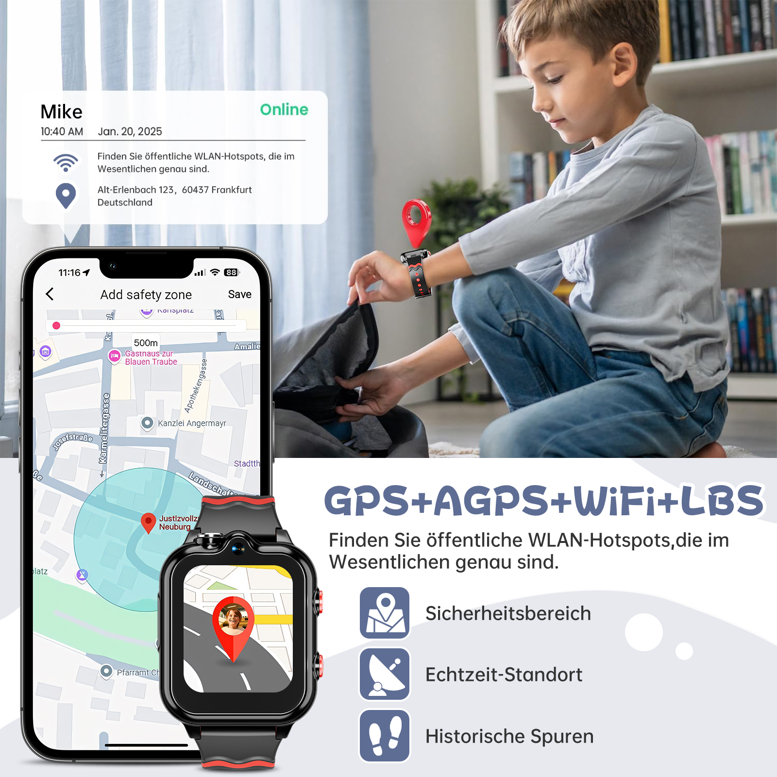 Ein Kind mit Smartwatch schaut in eine Tasche. Telefon zeigt Karte mit Sicherheitszone, andere Informationen sind überlagert.