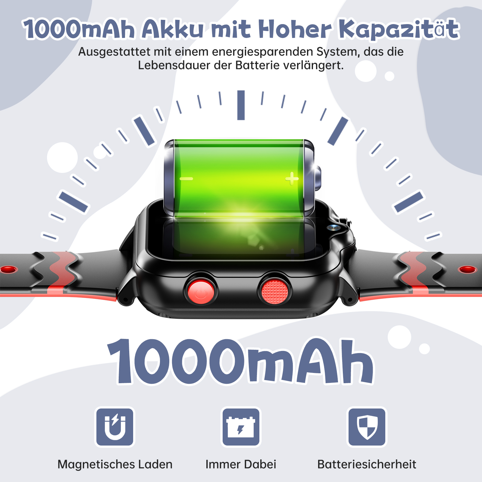 Schwarze Smartwatch mit grünem Batterie-Grafik auf dem Bildschirm. Rote Knöpfe. Text: 1000mAh.
