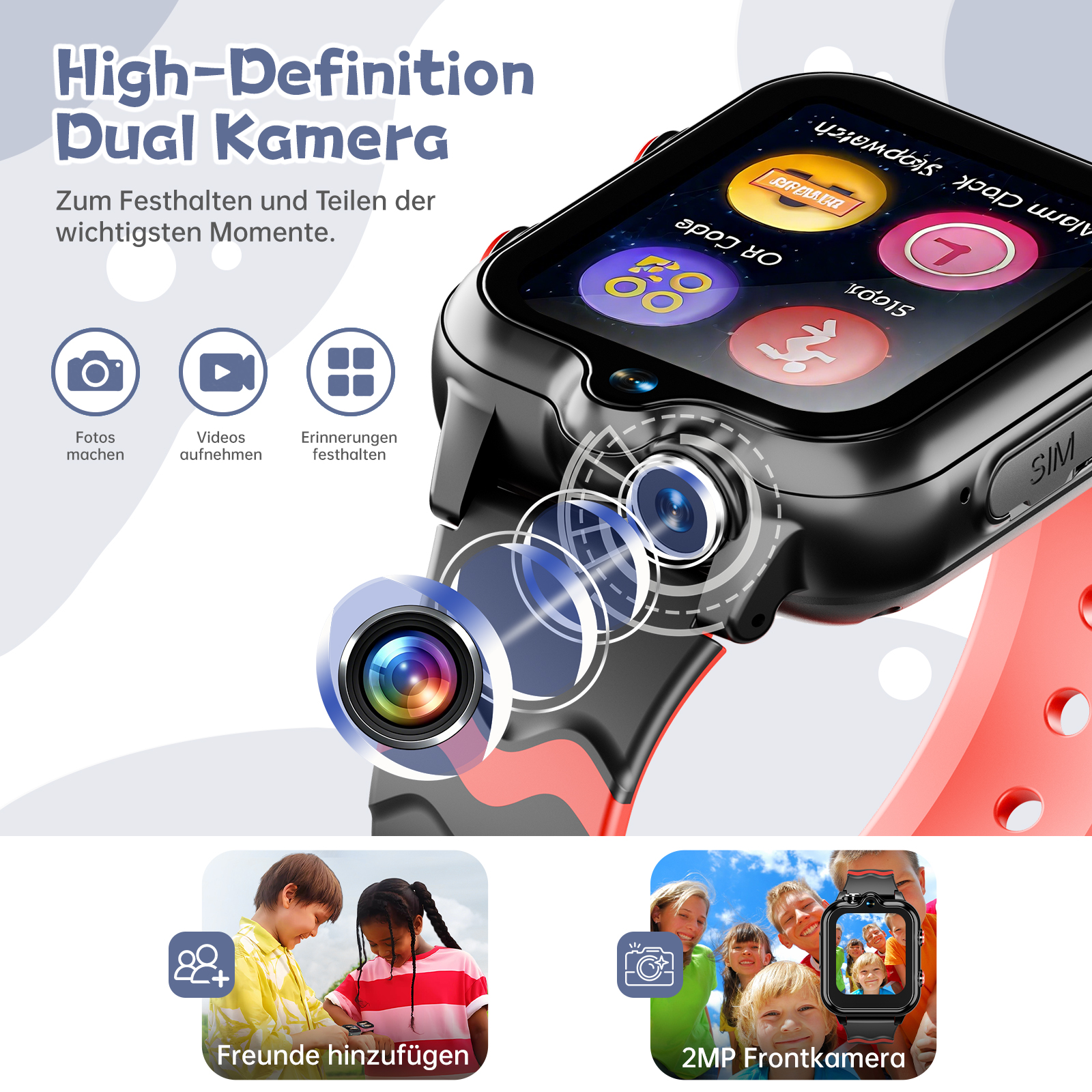 Eine Smartwatch mit Dual-Kamera, Anzeige-Symbolen und rotem Armband. Sie zeigt eine Kindergruppe und Nahaufnahme der Uhr.