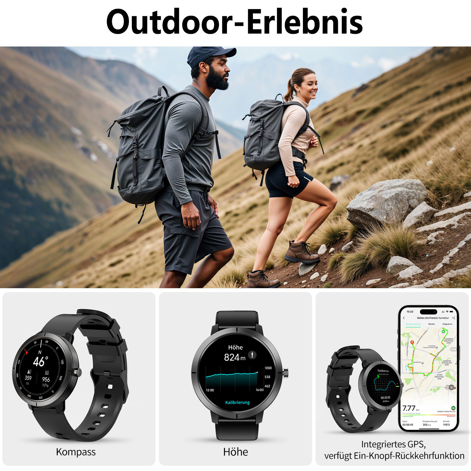 Ein Paar wandert auf einem Bergpfad mit Rucksäcken. Unten zeigt eine Uhr Kompass, Höhe und GPS-Daten an.