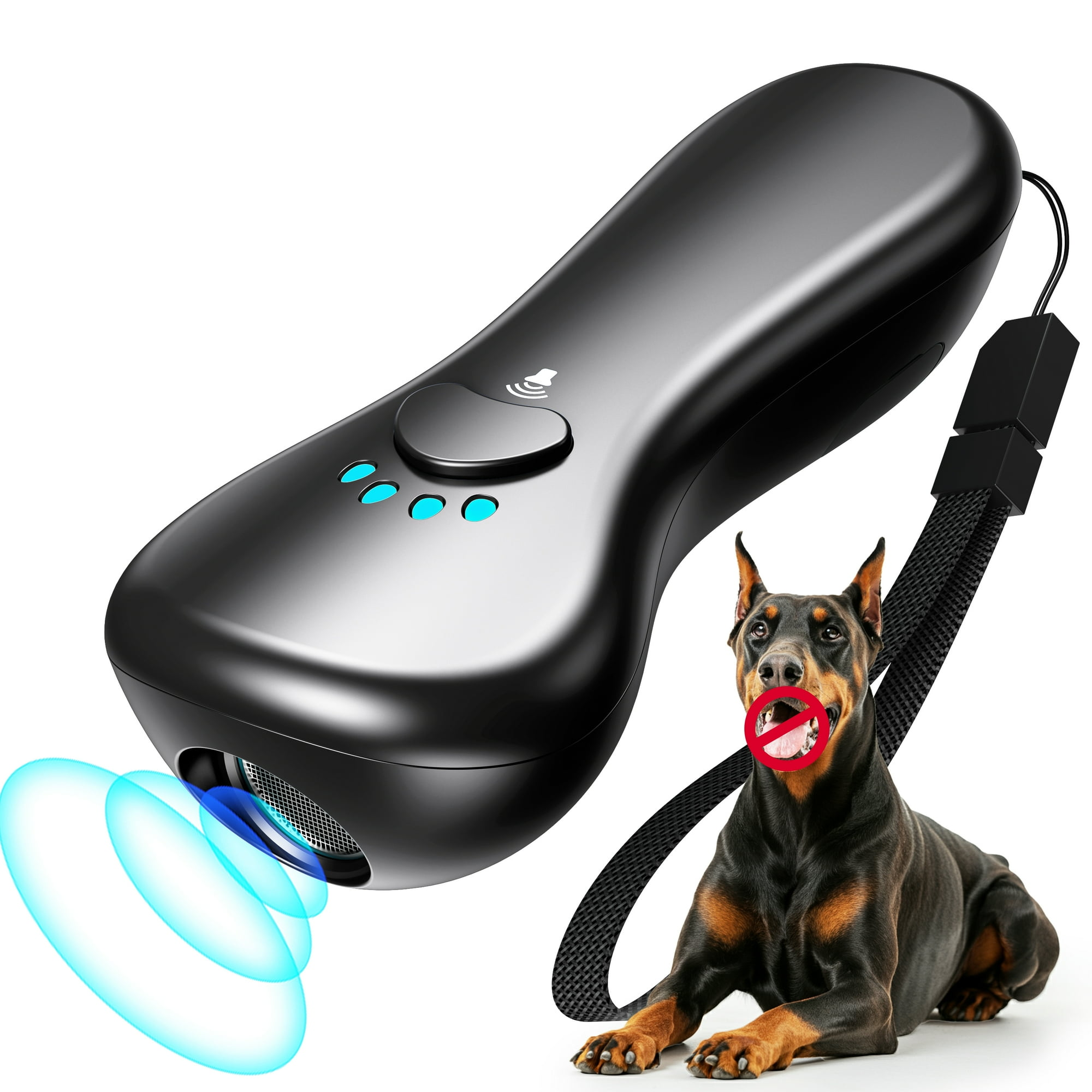 Ein schwarzes Hundetrainingsgerät mit einem Dobermann. Das Maul des Hundes ist mit einem roten Verbotssymbol durchgestrichen.