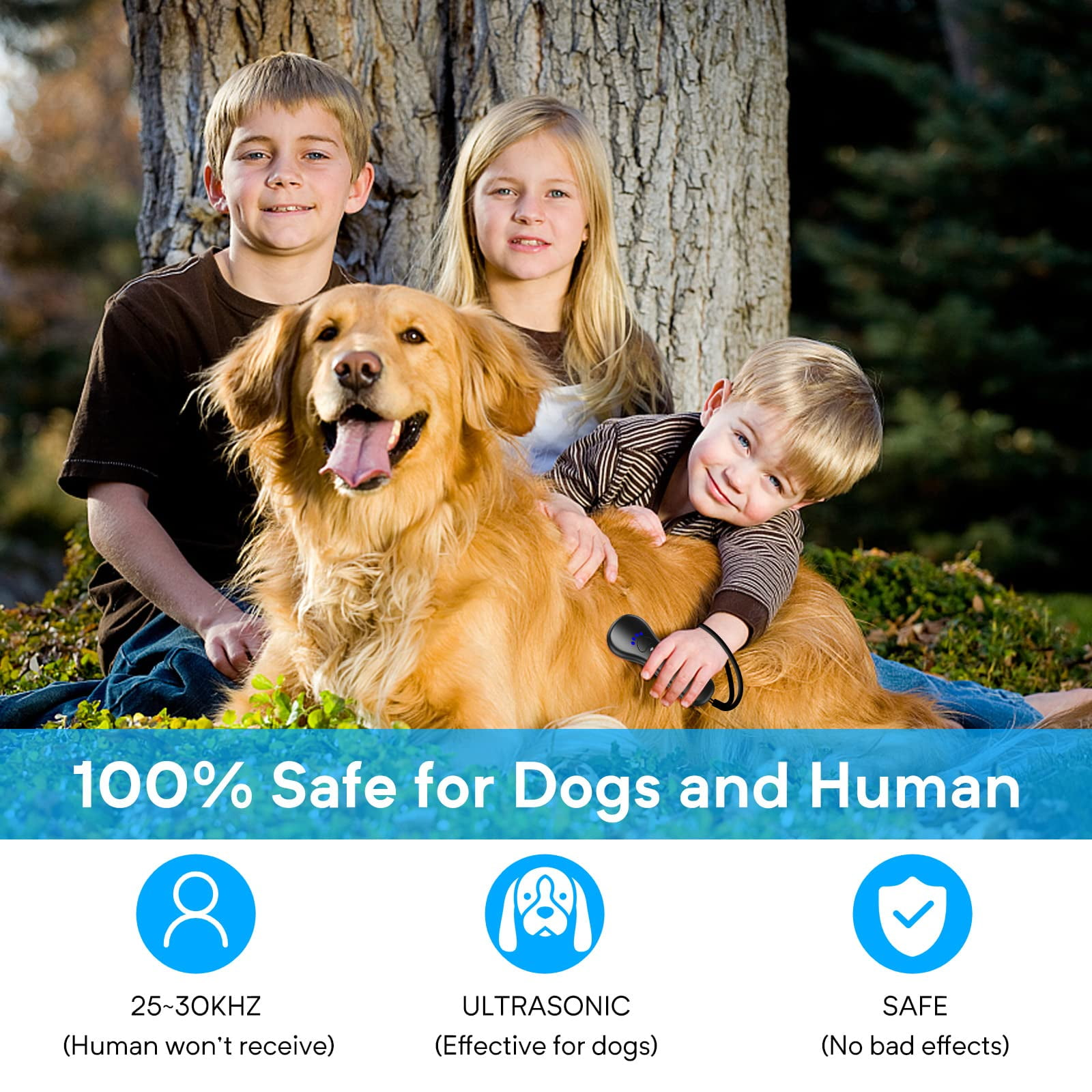 Eine Familie mit einem Golden Retriever. Ein Junge hält ein Gerät am Hund. Text sagt: „100% sicher für Hunde und Menschen“.