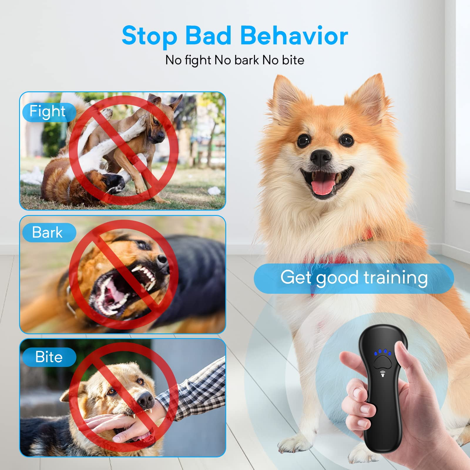 Das Bild zeigt Hunde mit durchgestrichenen Illustrationen von Kämpfen, Bellen und Beißen. Ein glücklicher Hund und eine Fernbedienung sind ebenfalls vorhanden.