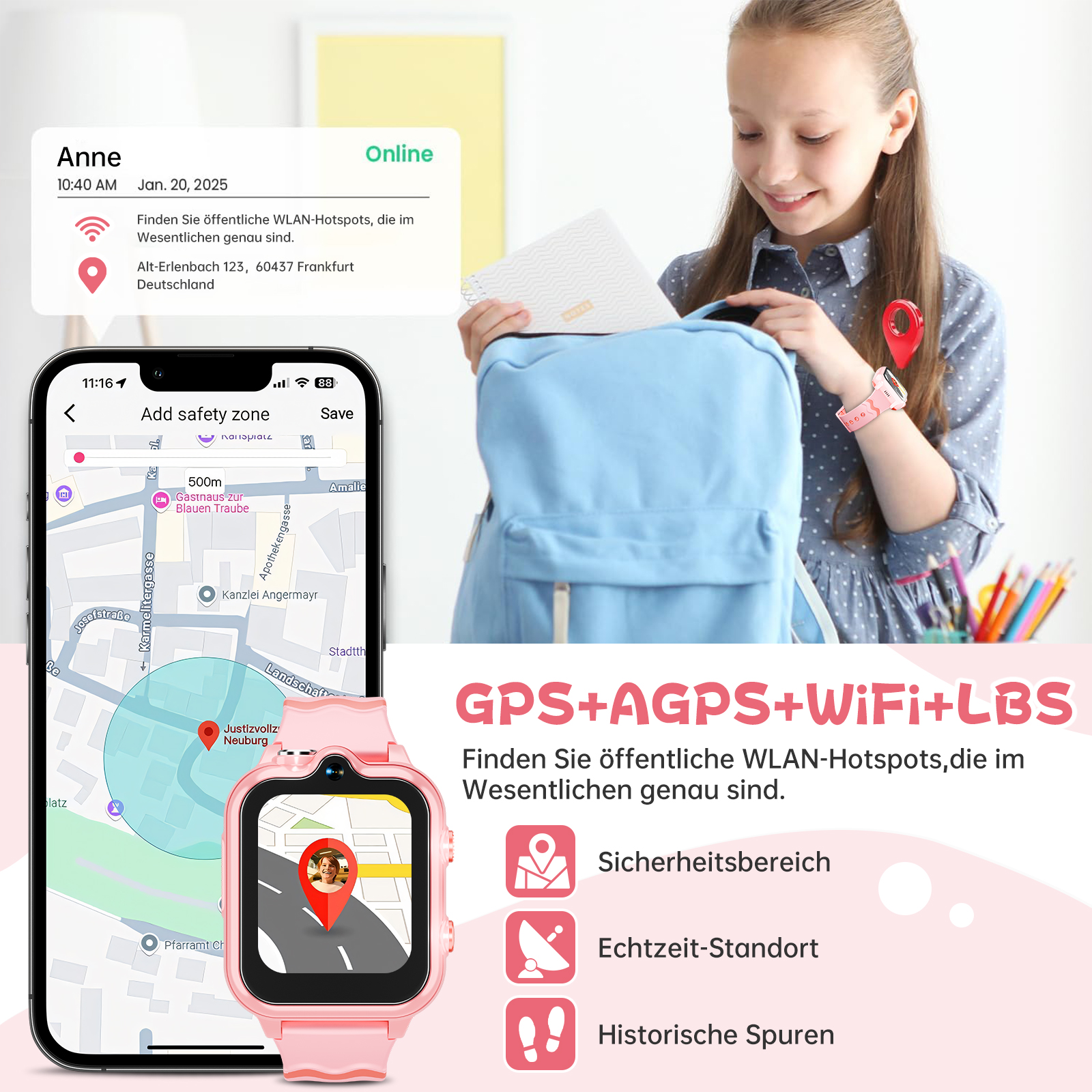 Ein Mädchen mit rosa Smartwatch und Rucksack, das ein Notizbuch betrachtet. Ein Telefon zeigt Karte und Uhrfunktionen.