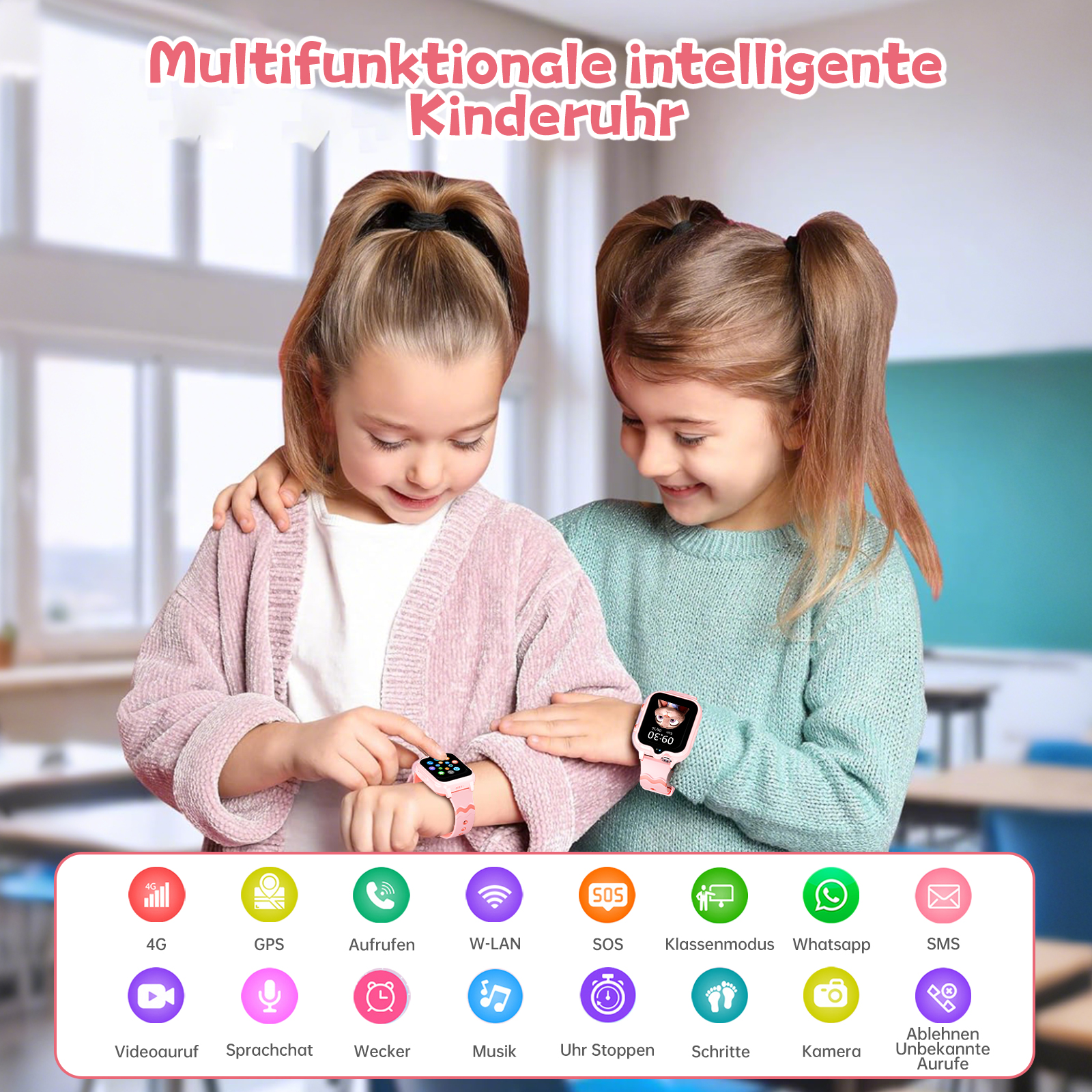 Zwei Mädchen tragen rosa Smartwatches. Die Uhr zeigt die Zeit und Symbole an. Der Text oben lautet Smartwatch.