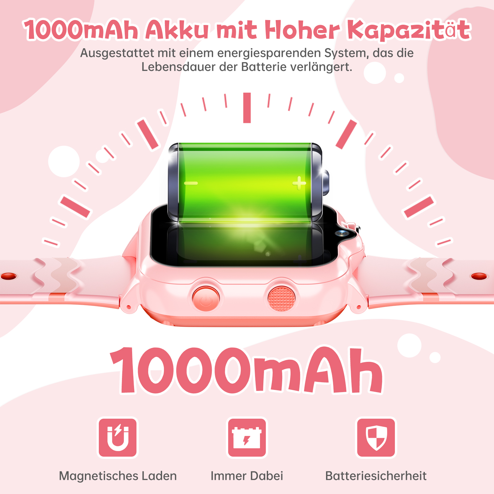 Rosafarbene Smartwatch mit 1000mAh Akku, Ladesymbol und Batteriesicherheitssymbol.