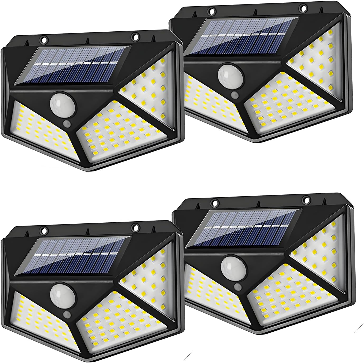 Vier schwarze Solarlampen mit Solarpanelen, Bewegungssensoren und vielen kleinen gelben LEDs.