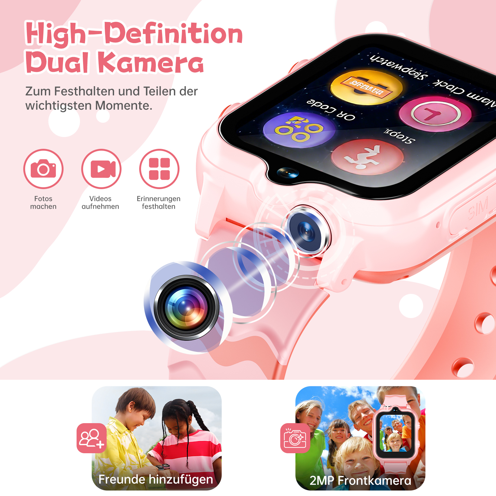 Rosa Smartwatch mit zwei Kameras. Funktionen umfassen Foto, Video und Speicher. Zeigt Kinder, Text und Symbole.