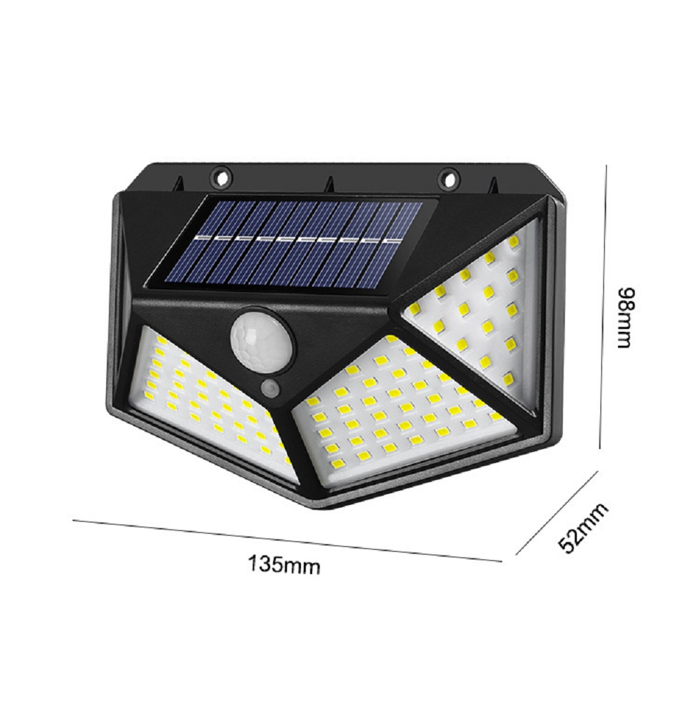 Schwarzes Solarlicht mit Solarpanel, Bewegungssensor und vielen kleinen gelben Lichtern. Abmessungen: 135 mm x 98 mm x 52 mm.