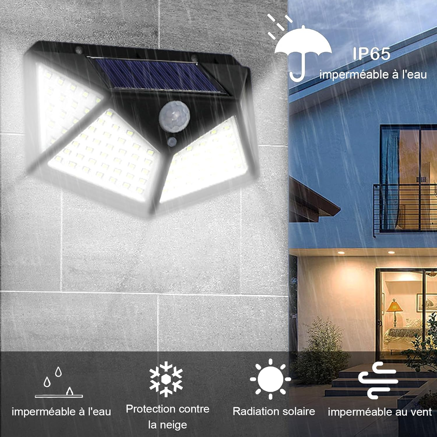 Solarbetriebene Außenleuchte. Merkmale: wasserdicht, Schneeschutz, Sonnenstrahlung und Windbeständigkeit. Haus im Hintergrund.