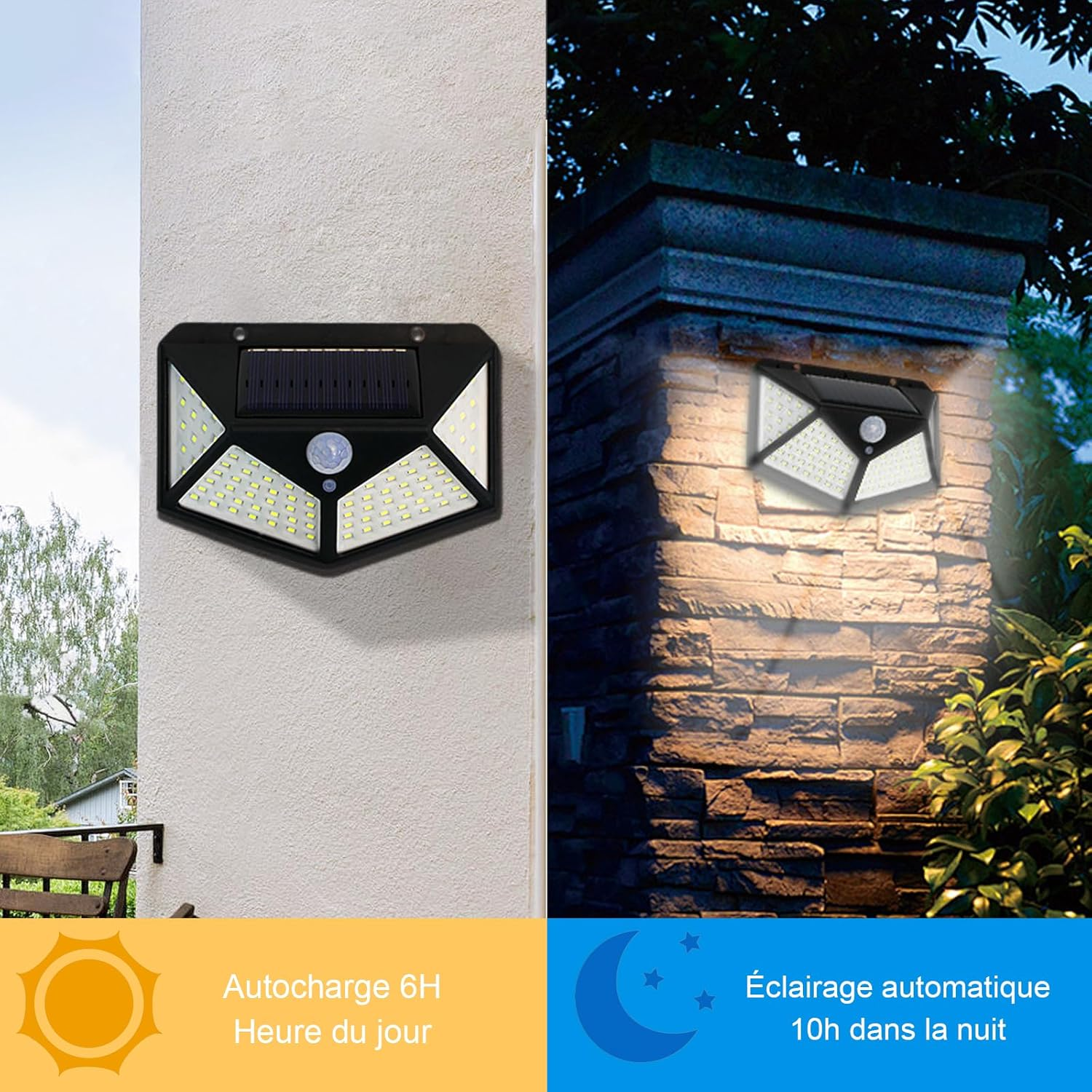 Zwei Solarleuchten an Wänden. Eine an weißer Wand, eine an Stein. Jede hat viele Lichter und einen Sensor. Text sagt 6h Aufladung.