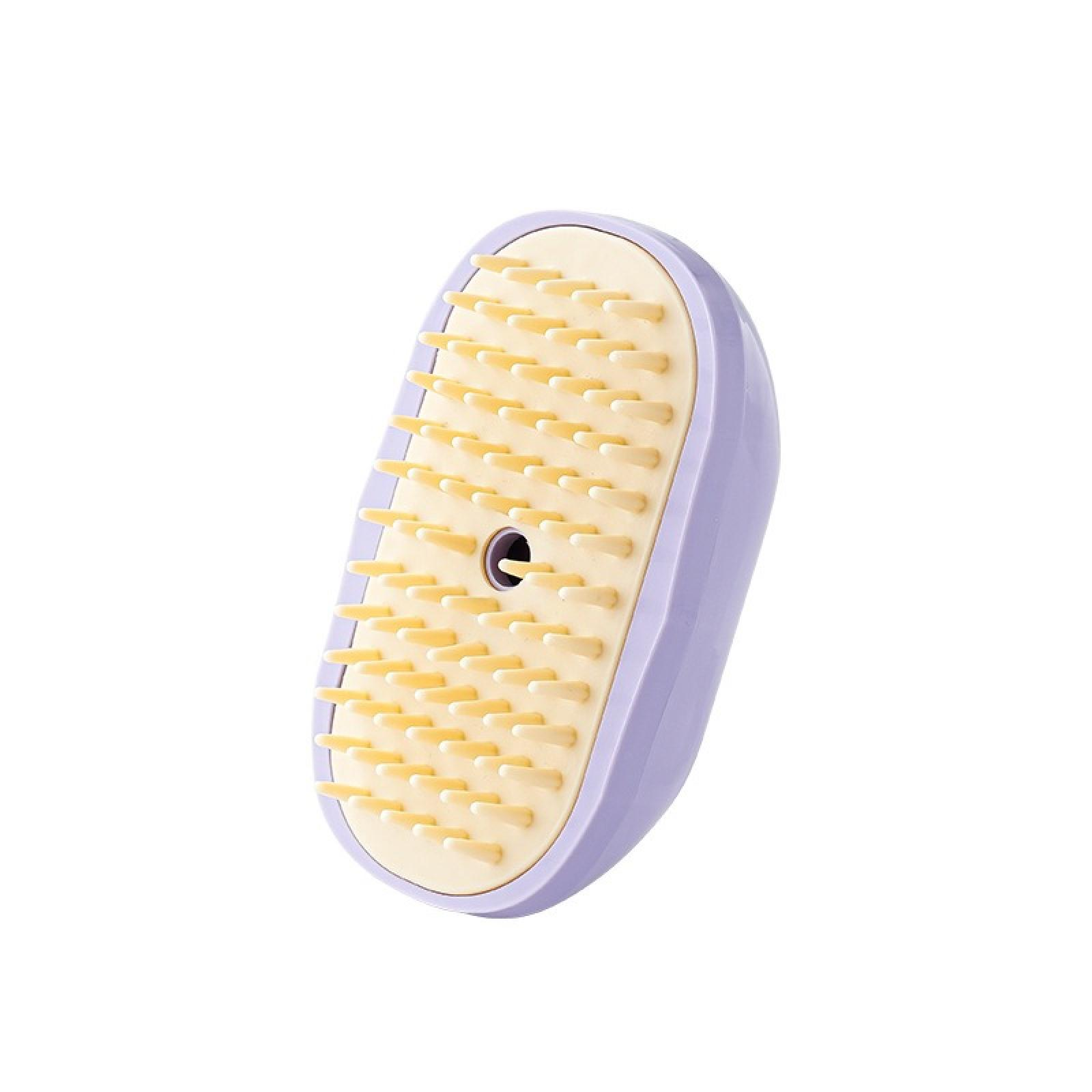 Eine lila-beige Haarbürste mit weichen Borsten. Die Bürste hat eine abgerundete Form und ein kleines Loch in der Mitte.