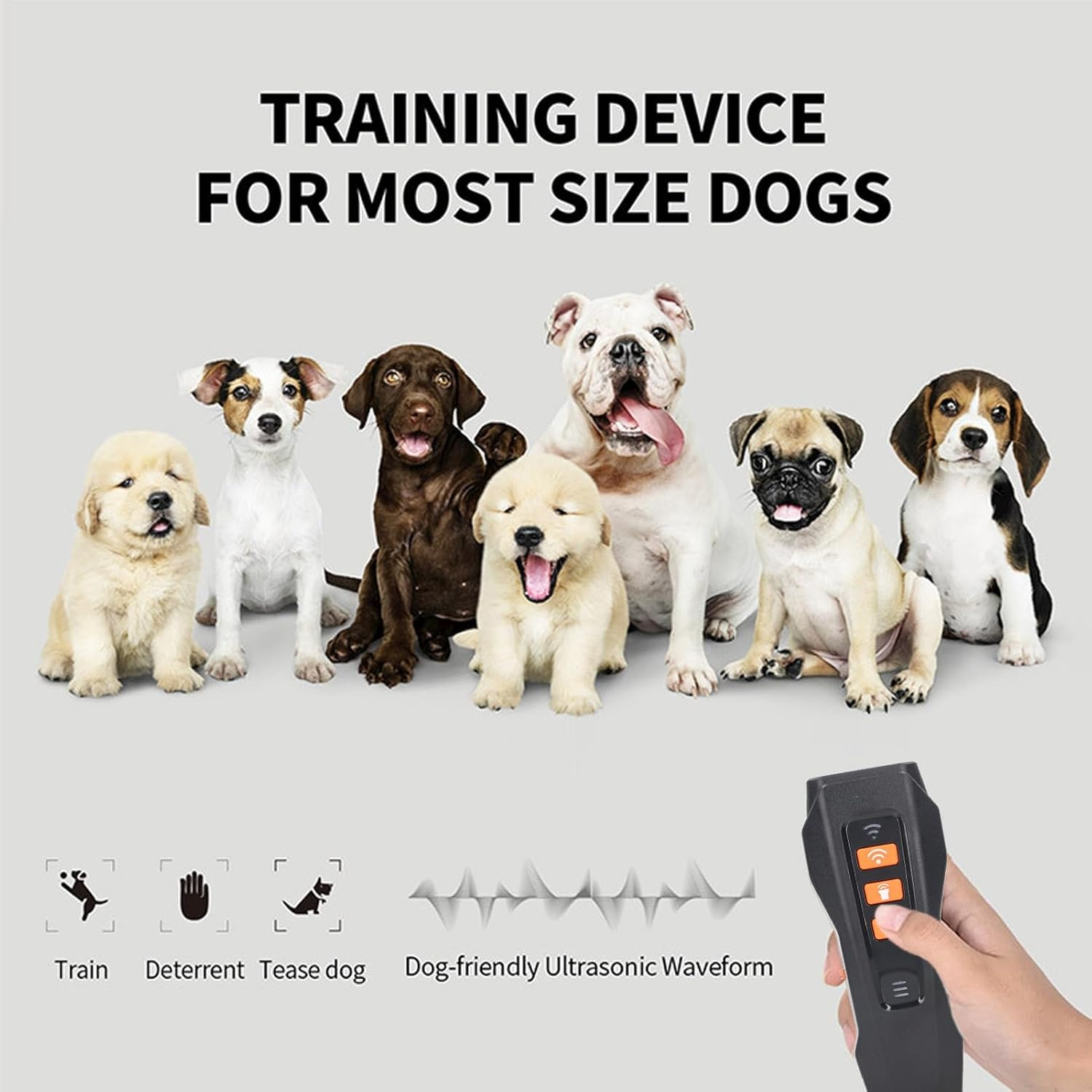 Das Bild zeigt sieben Hunde verschiedener Rassen, den Text 'Trainingsgerät für die meisten Hundegrößen' und eine Hand, die ein Trainingsgerät hält.