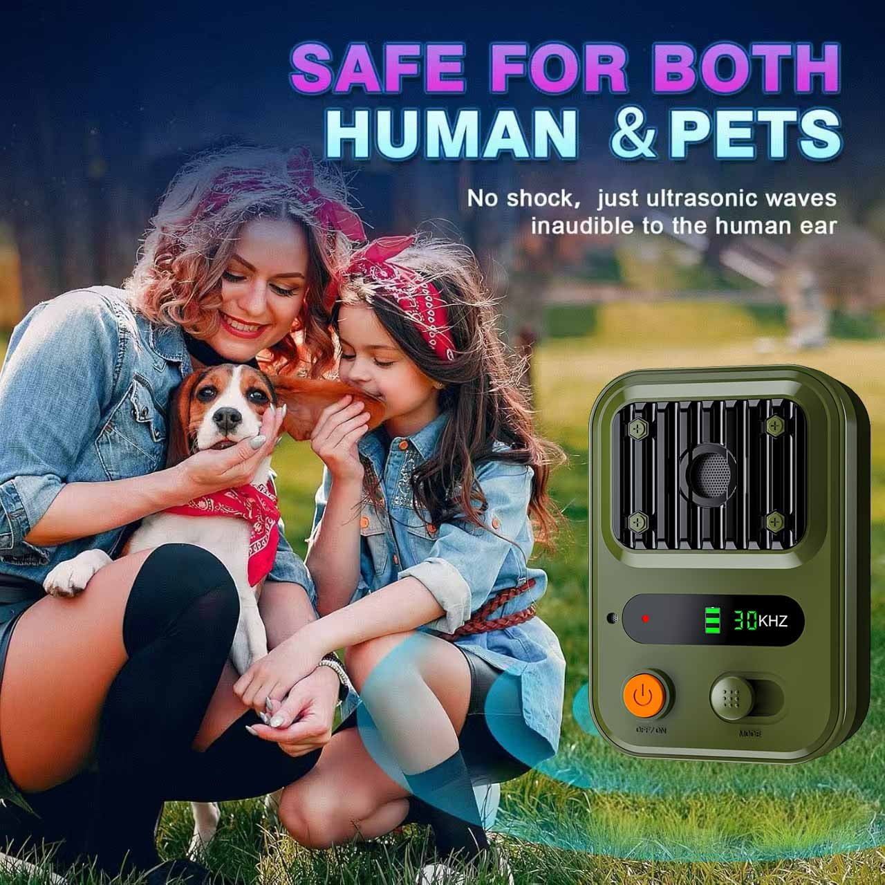 Eine Frau und ein Mädchen mit einem Hund, in der Nähe eines Ultraschall-Schädlingsbekämpfers. Text: Sicher für Mensch und Tier.