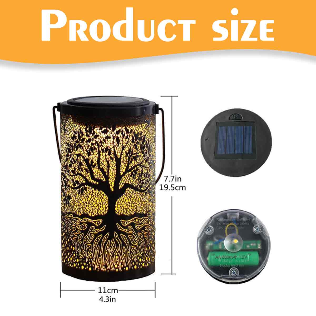 Solar-Laterne mit Baumdesign, inkl. Solarpanel und Batterieteil. Abmessungen: 7,7 Zoll x 4,3 Zoll.