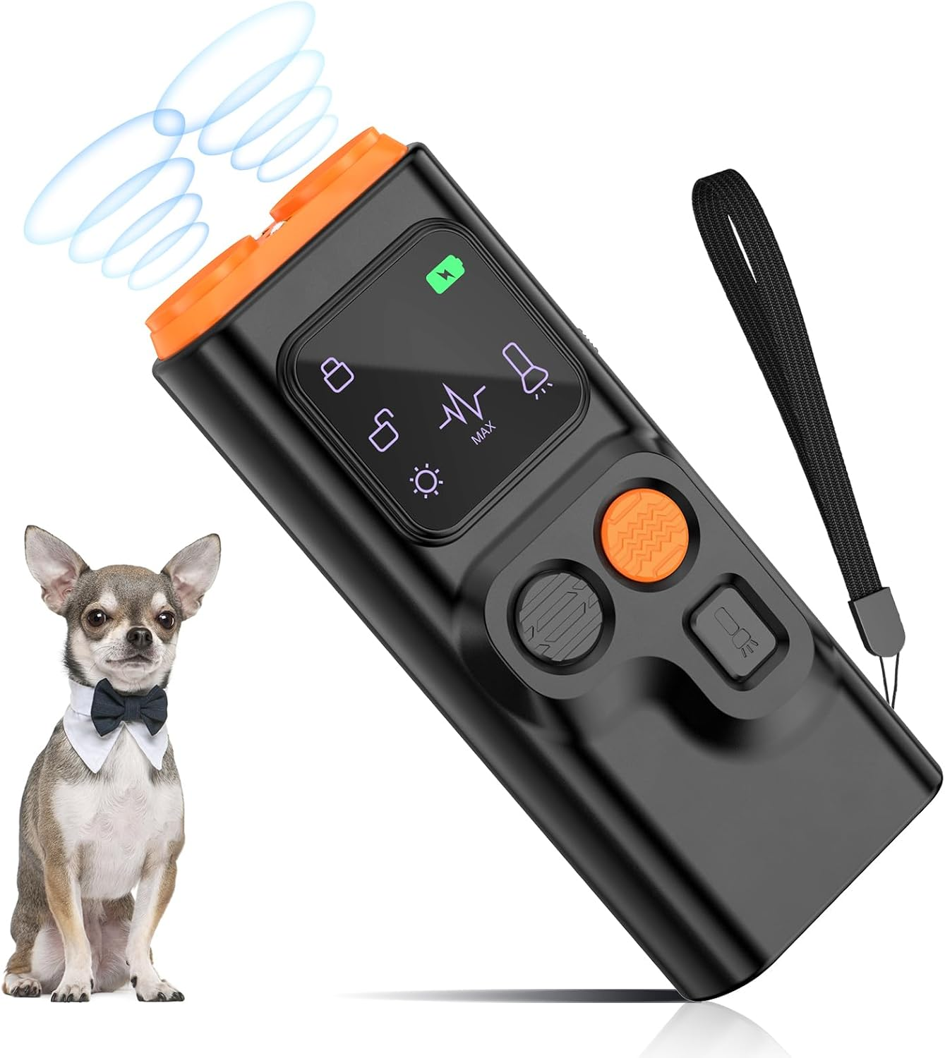 Ein Chihuahua mit Fliege neben einem schwarzen und orangefarbenen Hundetrainingsgerät, das Schallwellen aussendet.