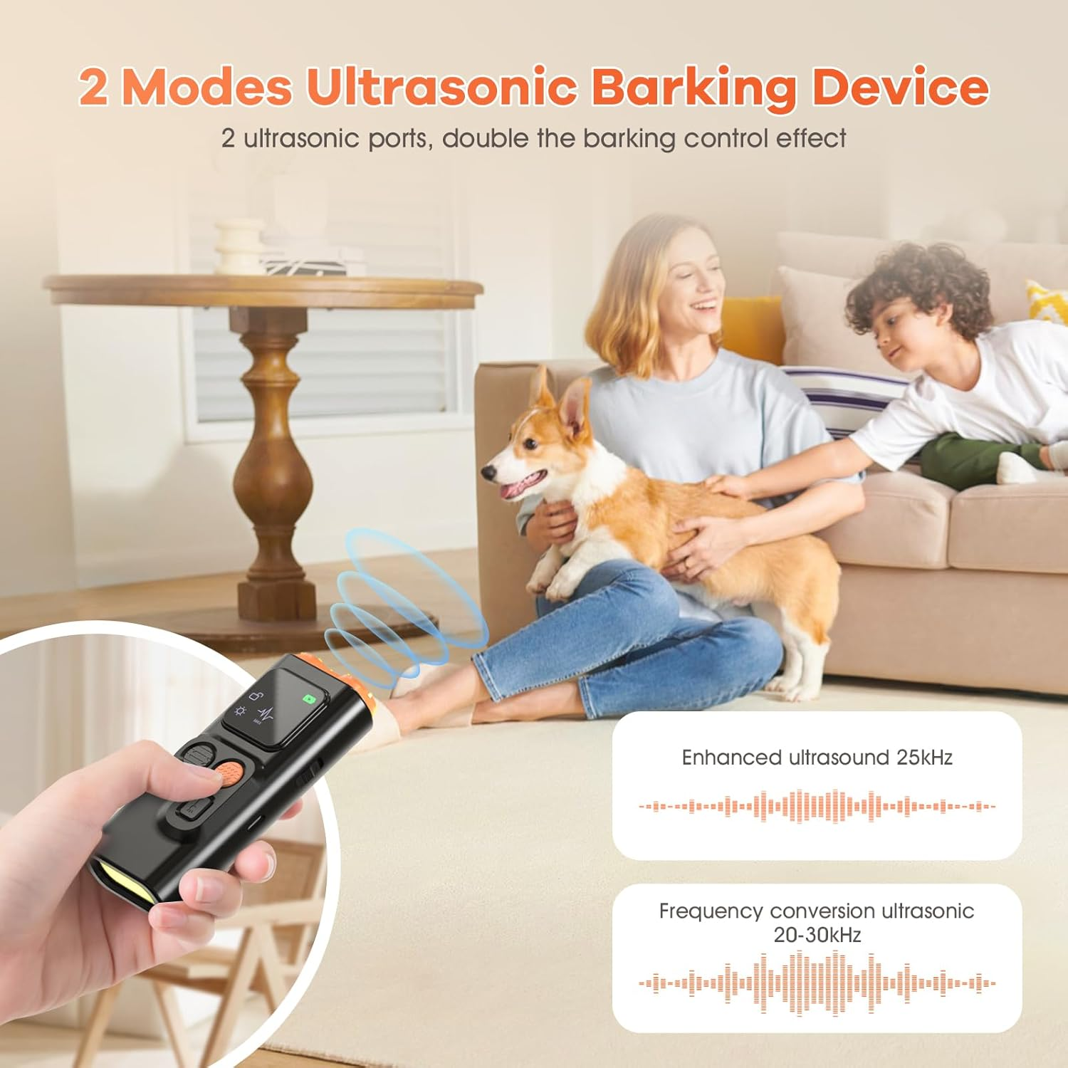 Eine Frau und ein Junge mit einem Hund und einem Bellgerät. Das Gerät ist schwarz und orange, mit Knöpfen. Text sagt '2 Modi Ultraschall-Bellgerät'.