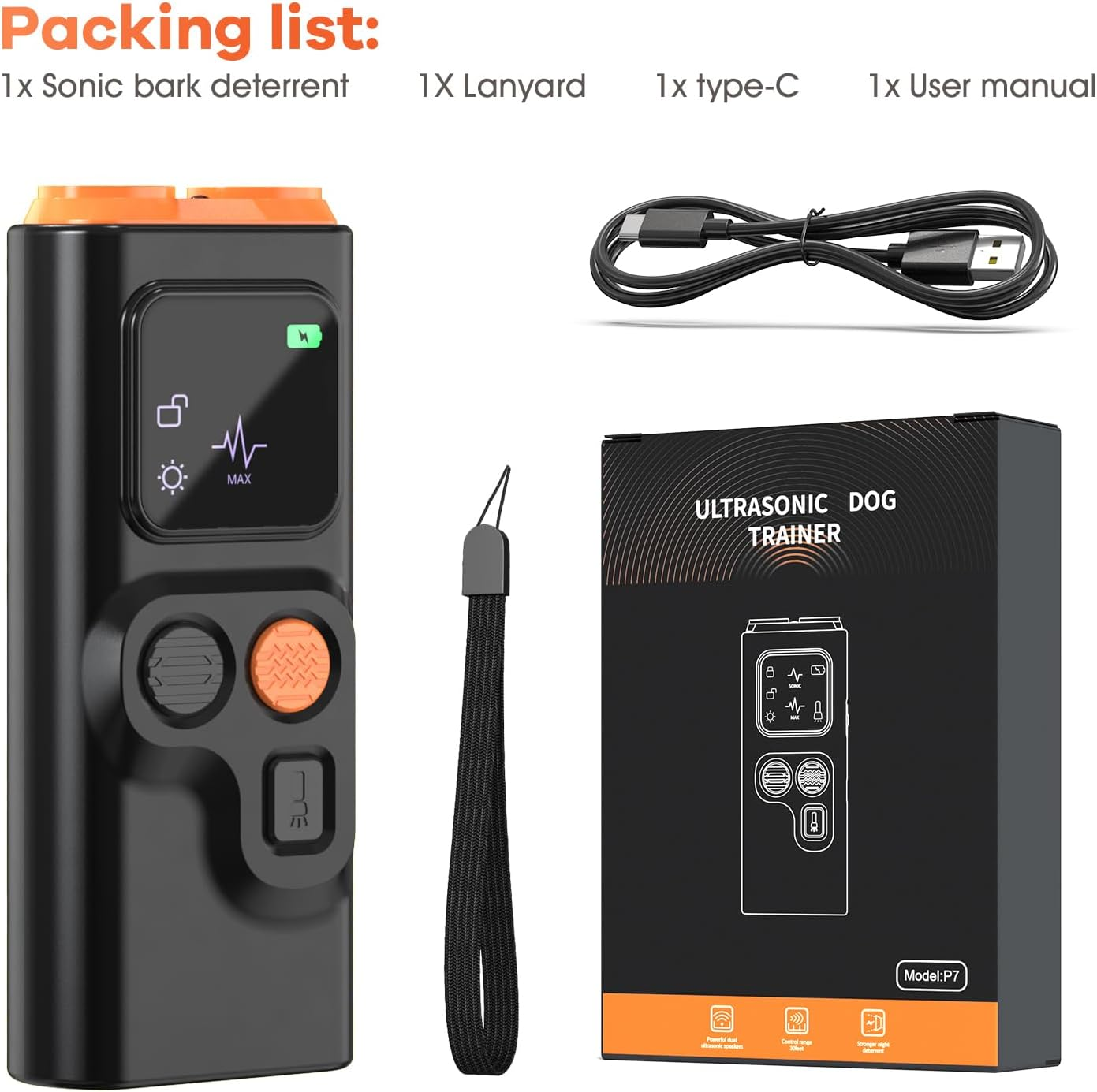 Das Bild zeigt eine Packliste für einen Hundeerzieher: Ultraschall-Bellabwehr, Schlüsselband, Typ-C-Kabel und Benutzerhandbuch, mit einem Gerät.
