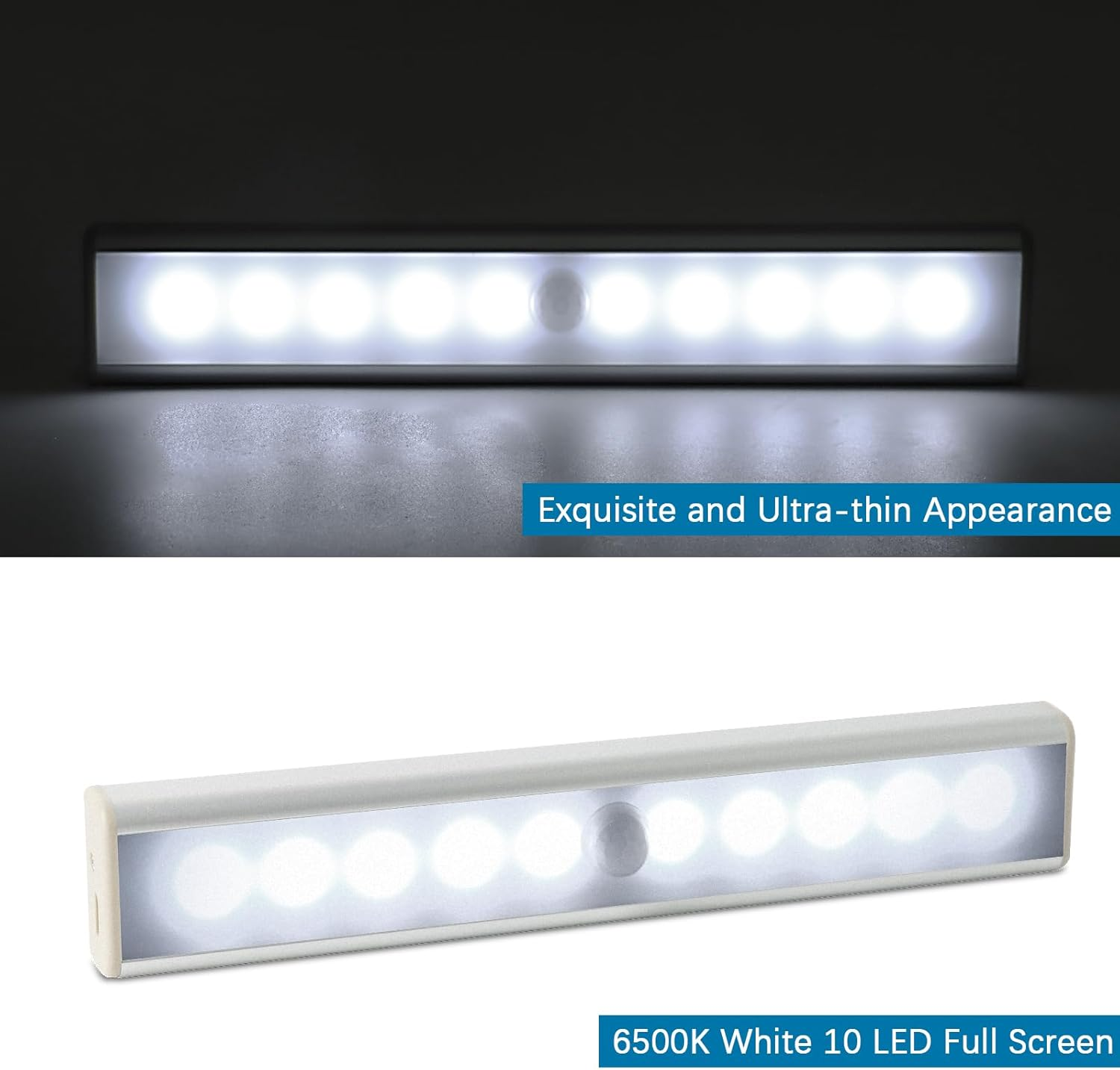 Weiße LED-Lichtleiste. Sie hat 10 LEDs, einen Bewegungssensor und wird als ultradünn mit 6500K weißem Licht beschrieben.