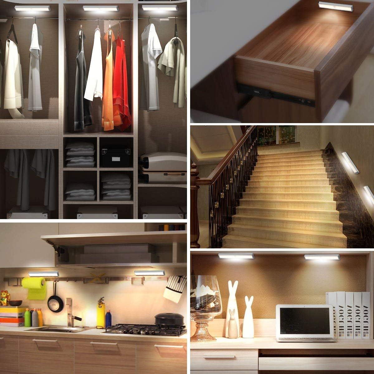 Verschiedene Einstellungen mit LED-Streifen: Schrank, Schublade, Treppe und Küche. Lichter beleuchten die Bereiche.