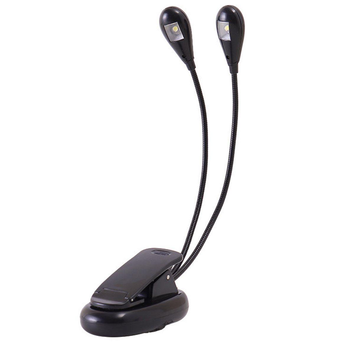 Eine schwarze LED-Buchlampe zum Anklemmen. Zwei flexible Schwanenhälse mit Lichtern erstrecken sich von einer Basis.