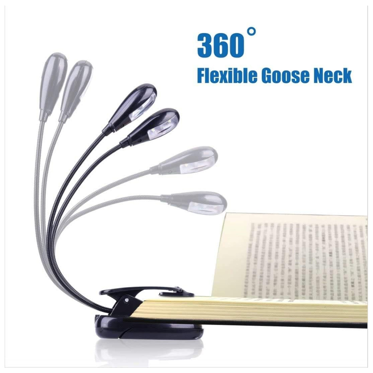 Eine flexible Buchlampe mit Clip, die mehrere Positionen zeigt. Das Licht befindet sich auf einem Buch, Text sichtbar. Text lautet '360° Flexible Schwanenhals'.