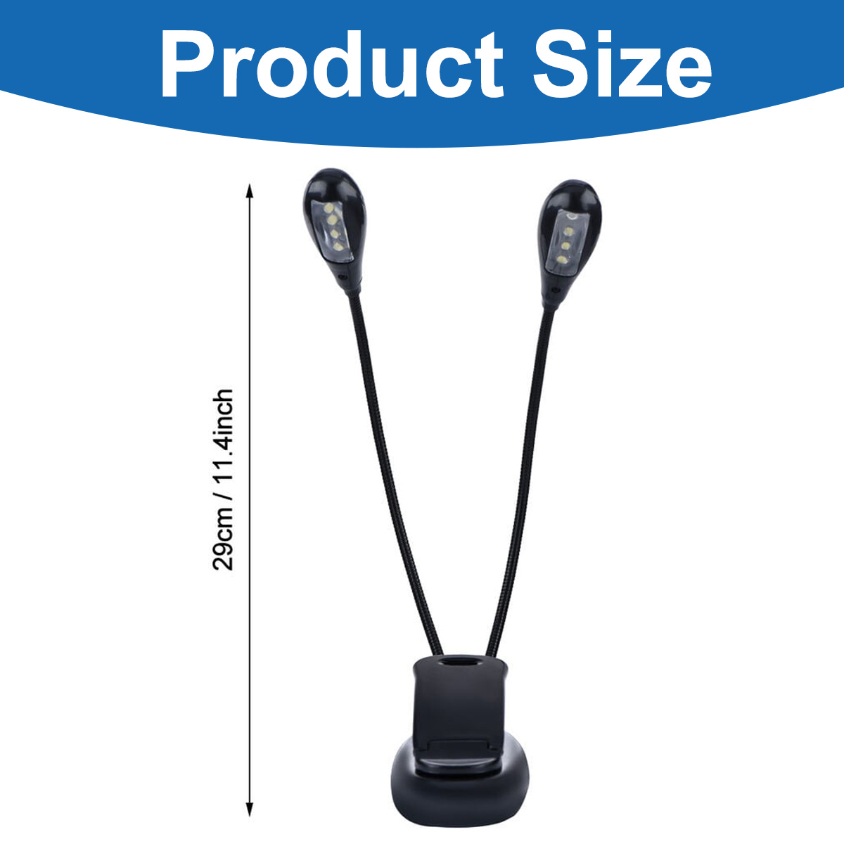 Eine schwarze LED-Notenständerleuchte, 29 cm/11,4 Zoll. Sie hat zwei verstellbare Lichter mit schwarzem Sockel und Clip.