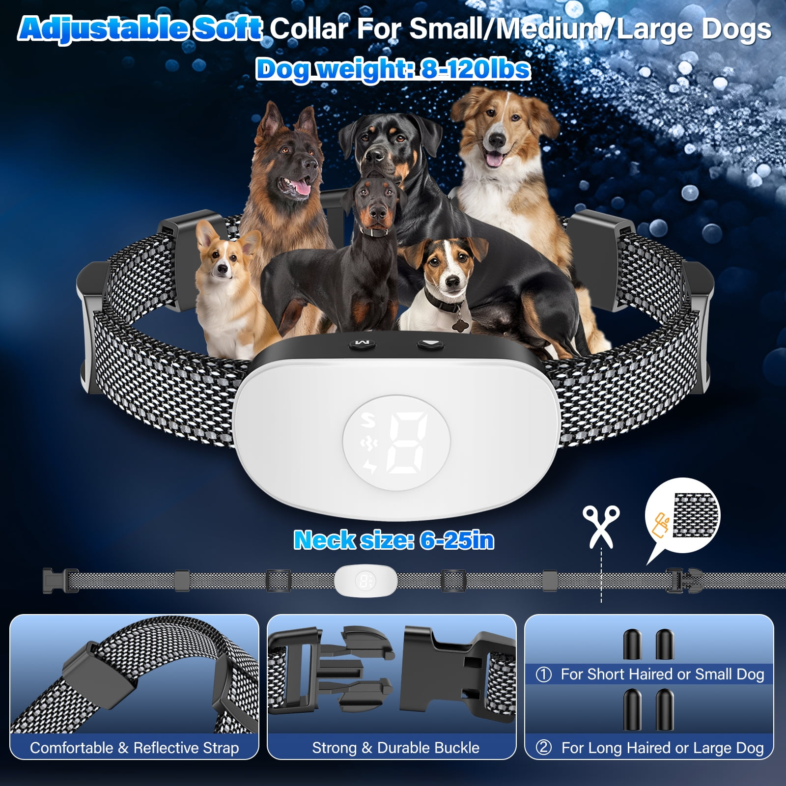 Hundehalsband mit mehreren Hunden, das die Größenordnung zeigt. Merkmale umfassen verstellbaren Riemen, Schnalle und verschiedene Stiftgrößen.