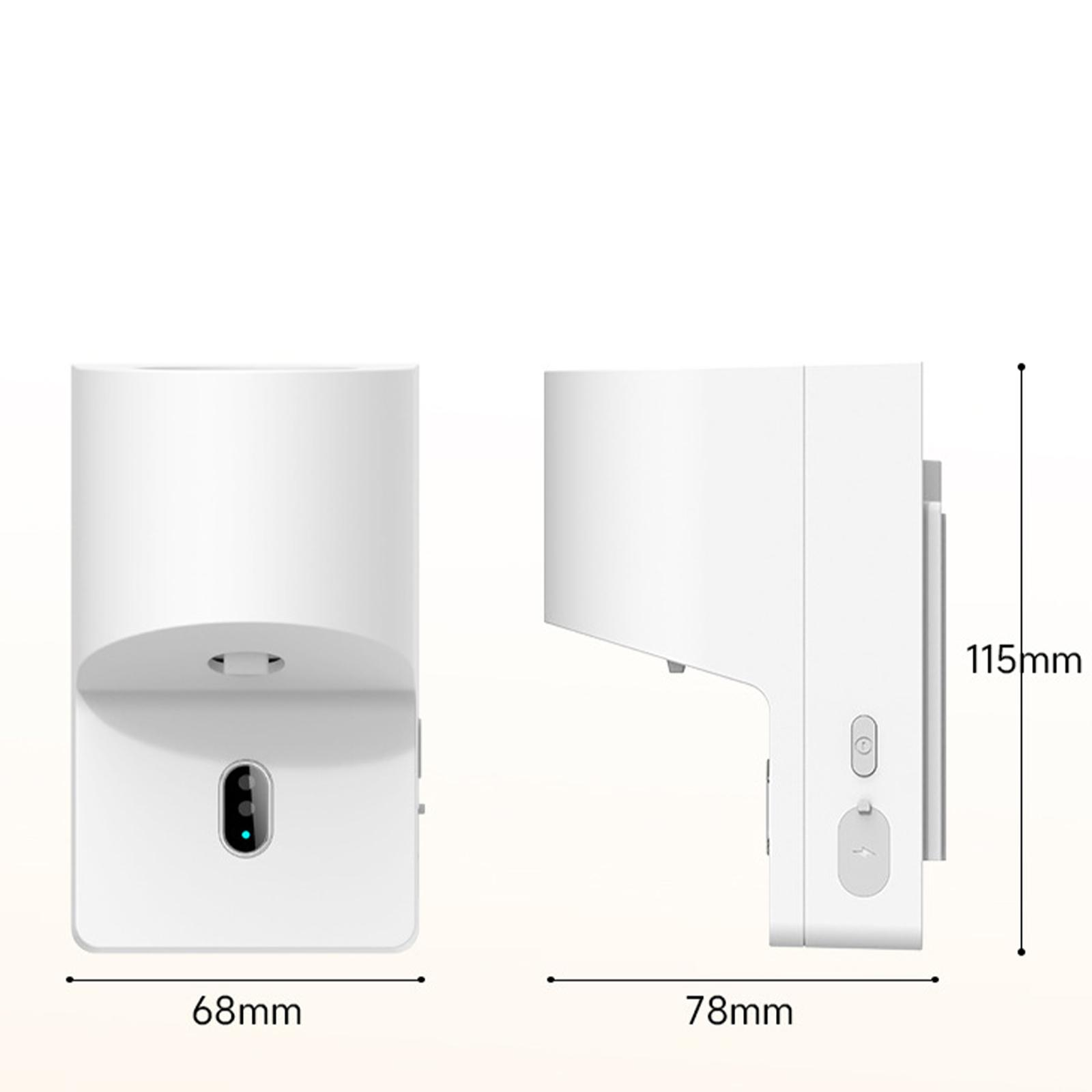 Ein weißes, rechteckiges Gerät wird in zwei Ansichten gezeigt, vorne und seitlich. Abmessungen sind angegeben: 68 mm x 78 mm x 115 mm.