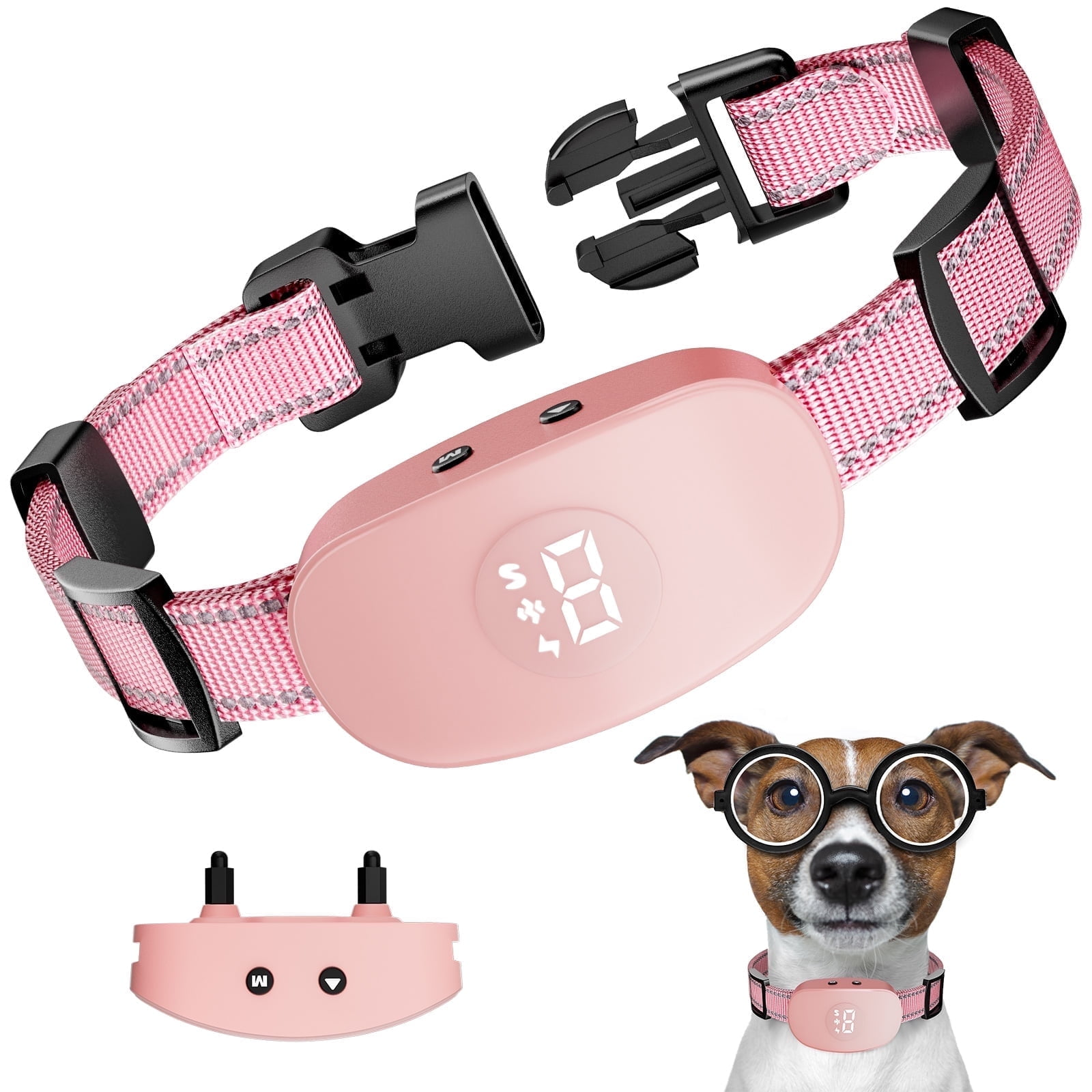 Rosa Hunde-Trainingshalsband mit Digitalanzeige, eine separate Komponente und ein Hund mit Brille.