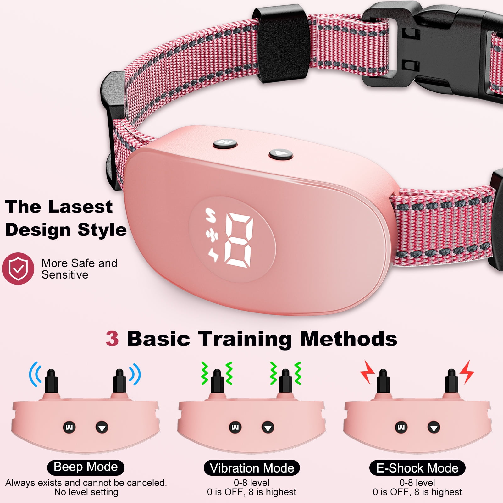 Rosa Hunde-Trainingshalsband mit Display, drei Trainingsmodi: Piepton, Vibration und E-Schock. Halsband hat ein rot-weißes Band.