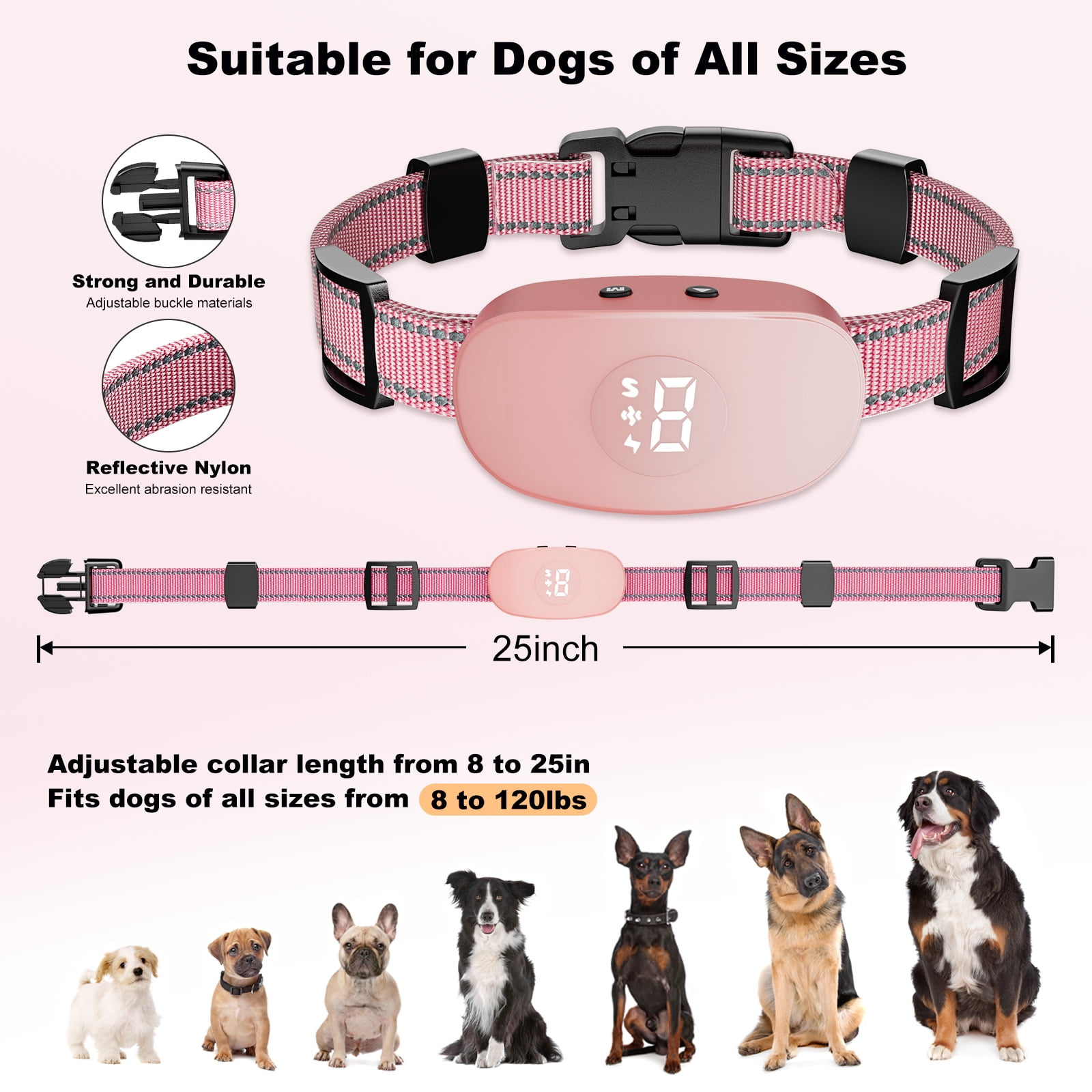 Rosa Hundehalsband mit Digitalanzeige, für alle Größen geeignet. Enthält reflektierendes Nylon und verstellbare Schnalle. Hunde verschiedener Rassen sind gezeigt.