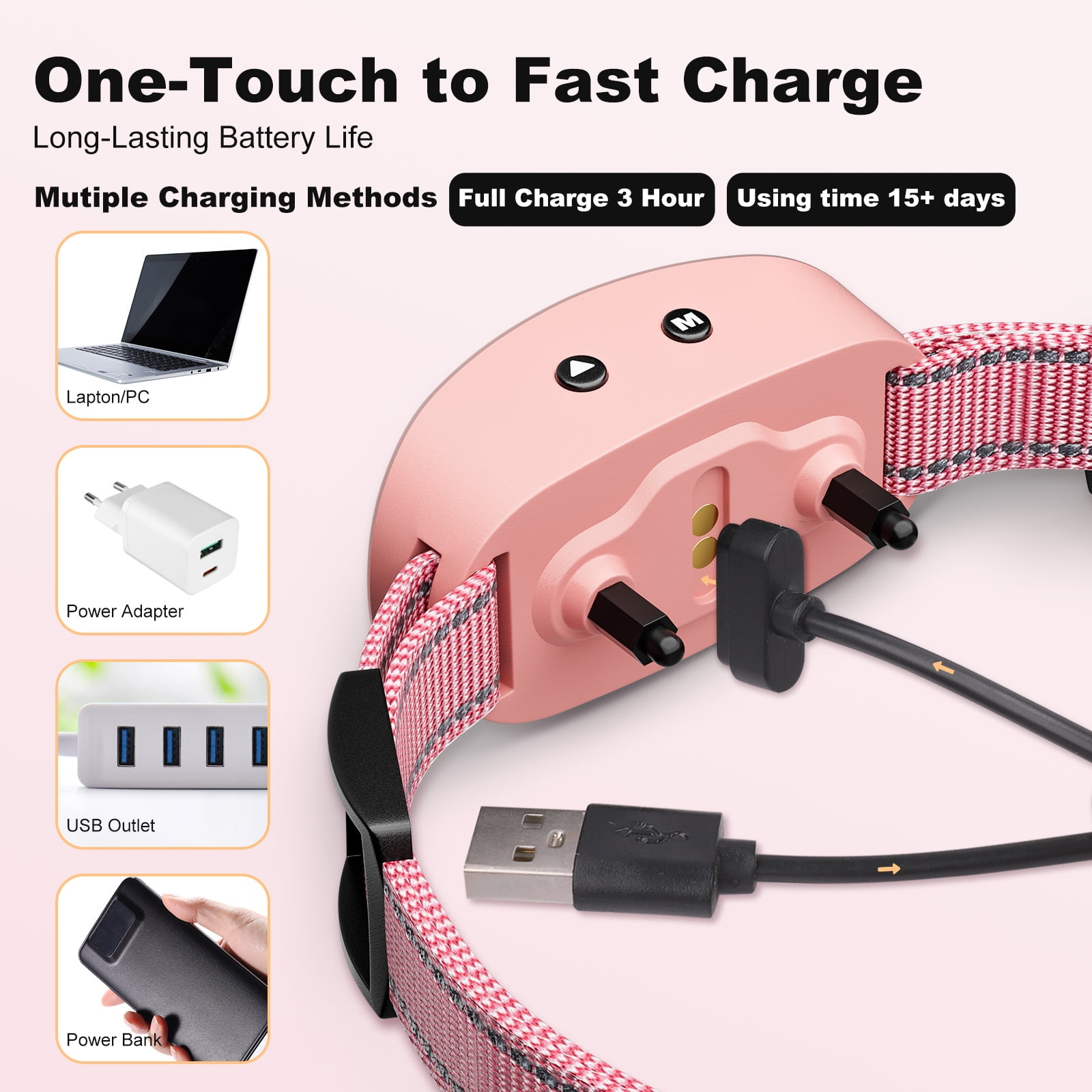 Ein rosa Hundehalsband mit mehreren Lademöglichkeiten, darunter ein Laptop, Netzteil, USB-Anschluss und Powerbank.