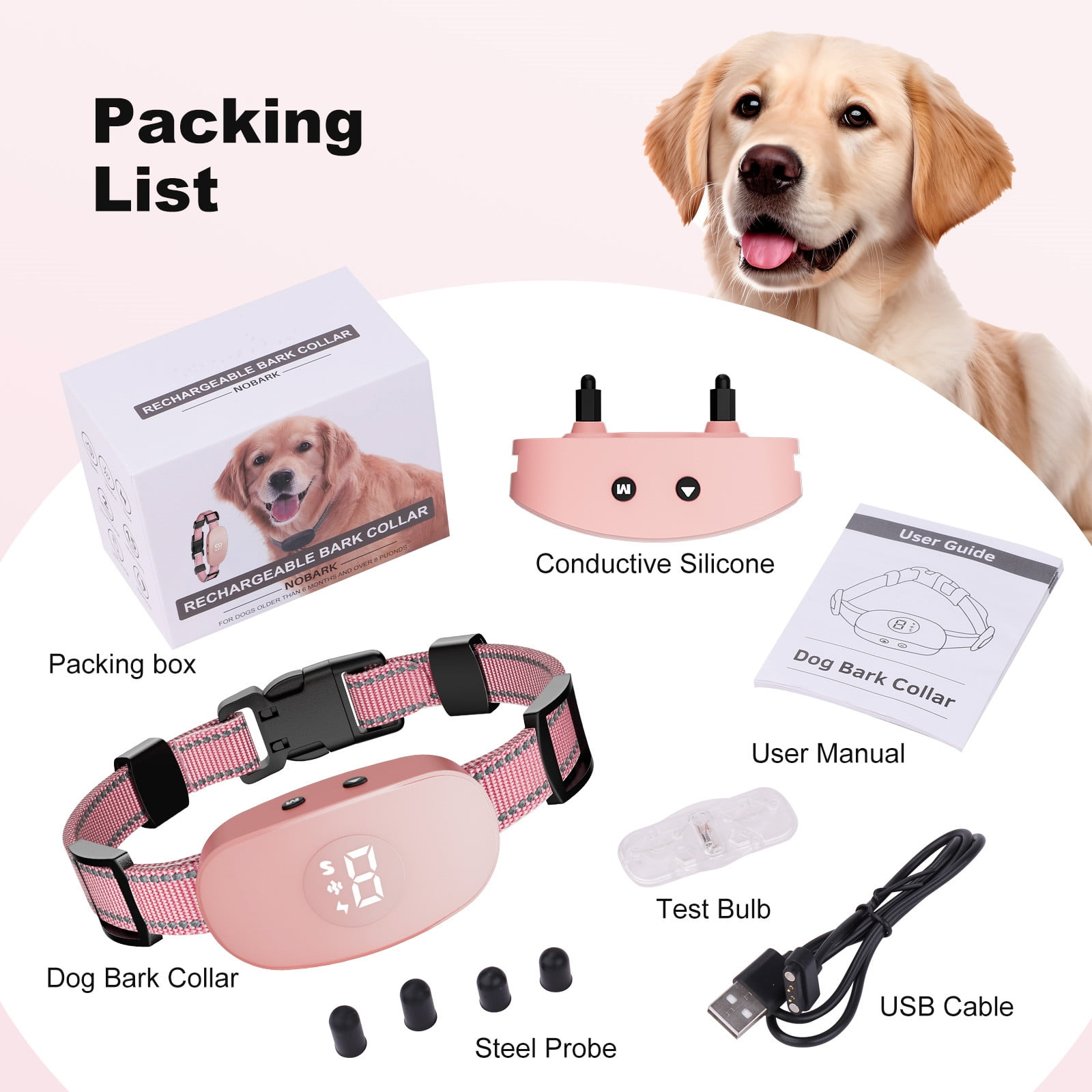 Ein Hunde-Bellhalsband-Set mit einem Hunde-Bild, Halsband, Sonden, USB-Kabel, Benutzerhandbuch und Testbirne.