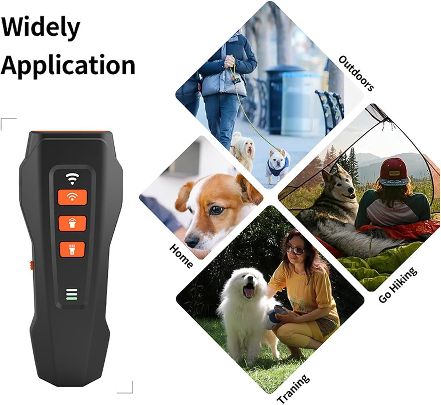Schwarzes Hunde-Trainingsgerät mit orangefarbenen Knöpfen, umgeben von Bildern von Hunden in verschiedenen Umgebungen.