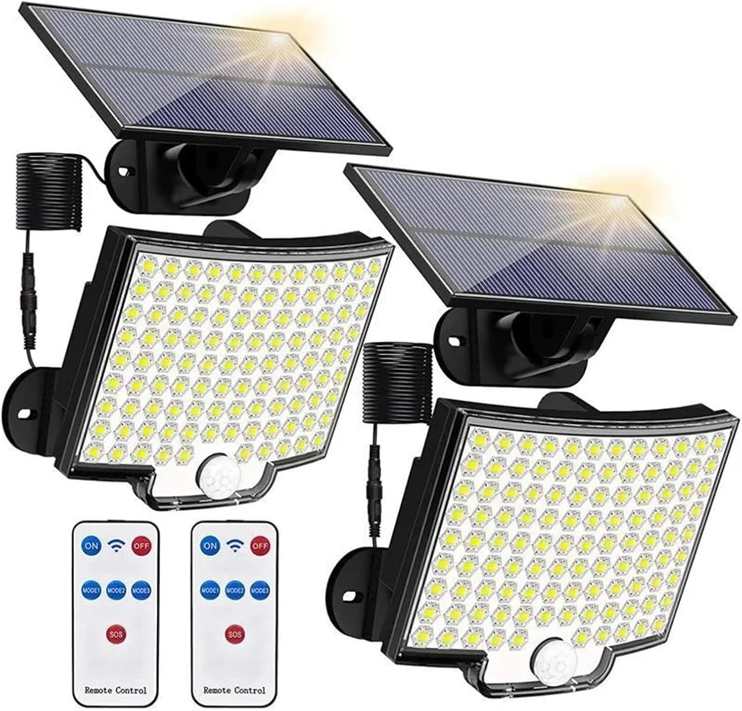 Zwei Solarlampen mit Paneelen und LED-Arrays. Jede hat eine Fernbedienung. Die Leuchten sind schwarz mit weißen LEDs. Fernbedienungen sind weiß.