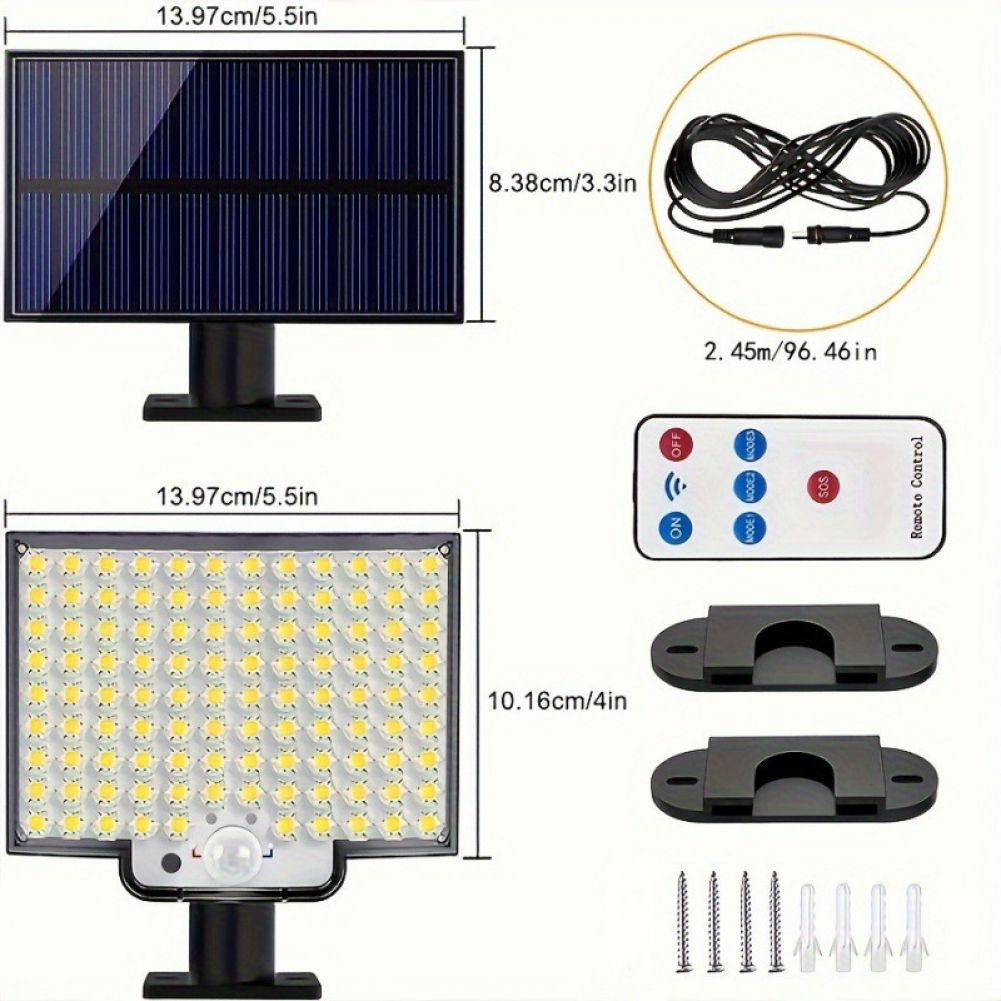 Solarpanel, Licht mit LEDs, Fernbedienung und Zubehör werden gezeigt. Abmessungen sind in cm und Zoll angegeben.