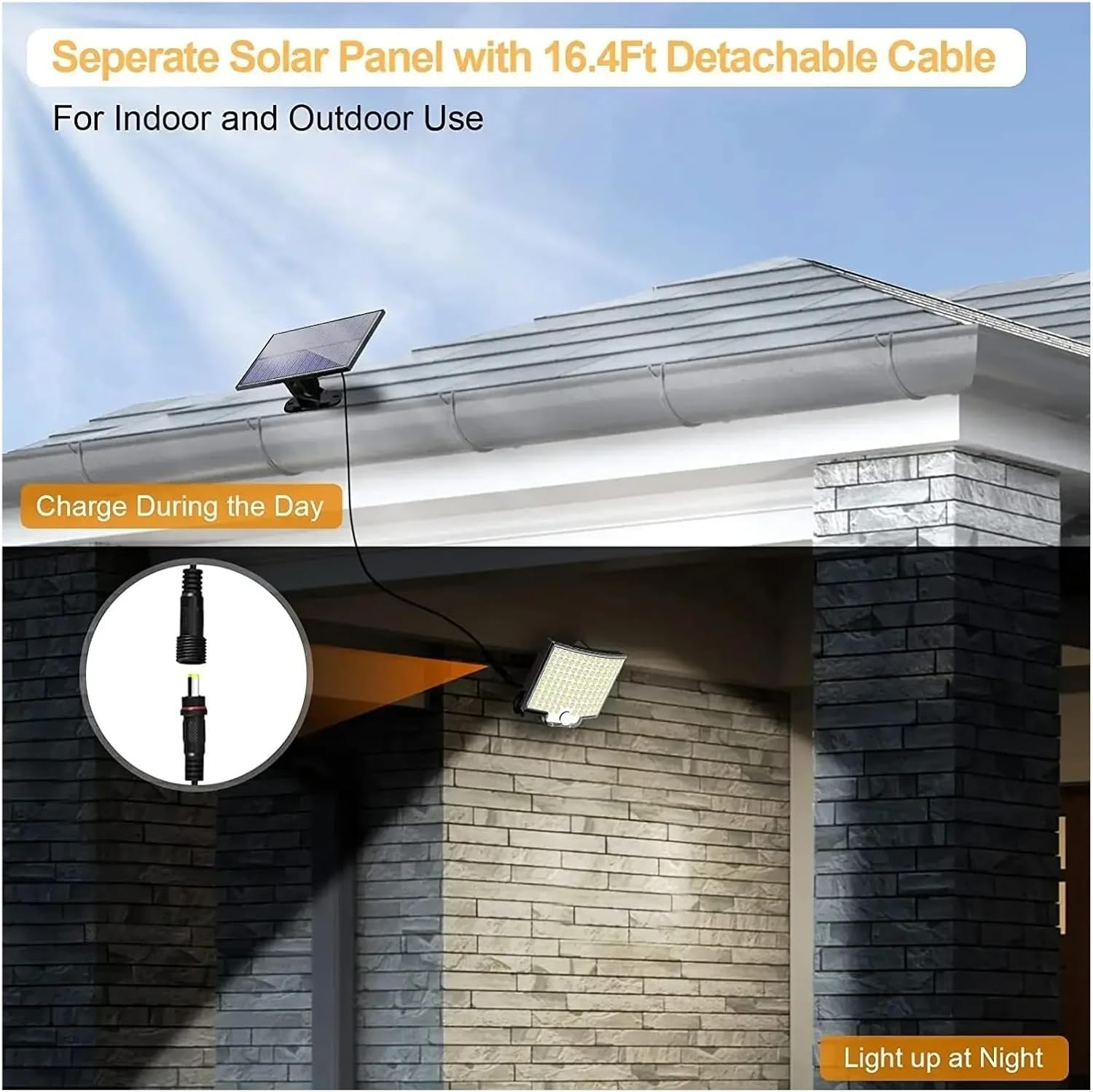 Ein Solarpanel auf einem Dach lädt ein Licht an einer Wand auf. Ein Kabel verbindet sie. Text sagt 'Charge During the Day' und 'Light up at Night'.
