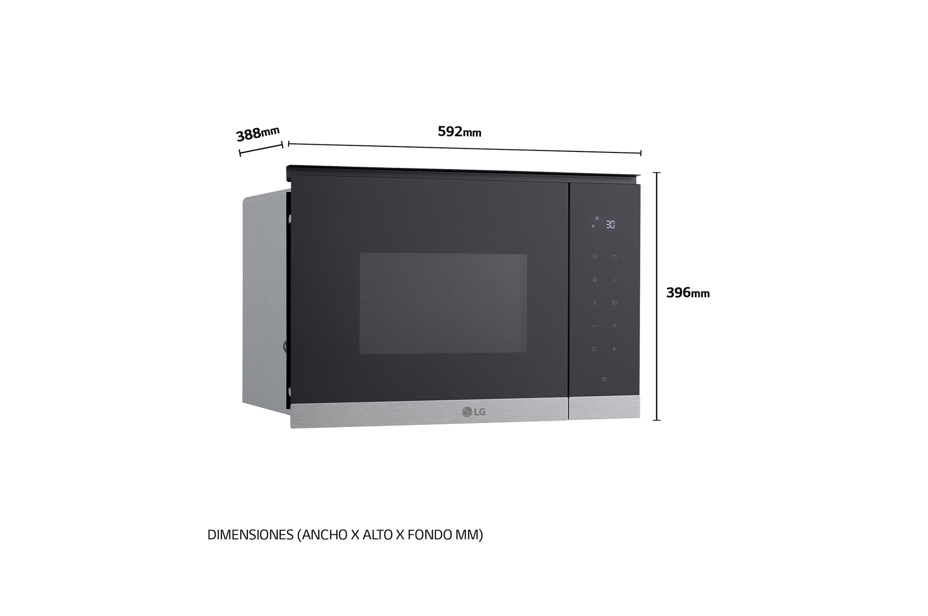 Un microondas LG negro con dimensiones: 592 mm de ancho, 396 mm de alto y 388 mm de profundidad. Tiene botones de control y una pantalla digital.