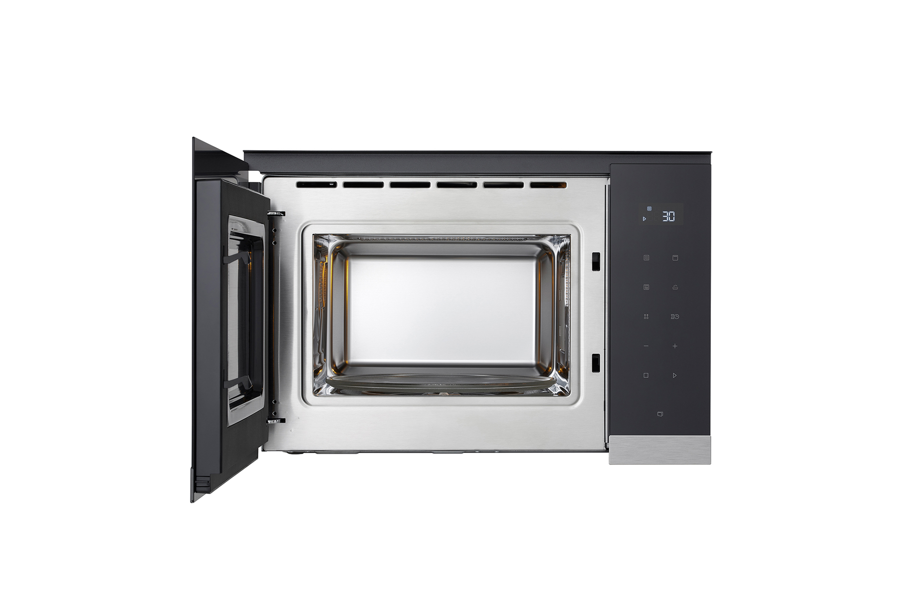 Un horno microondas abierto con una pantalla digital que muestra 30. La puerta está entreabierta. Interior de acero inoxidable. Panel de control negro.