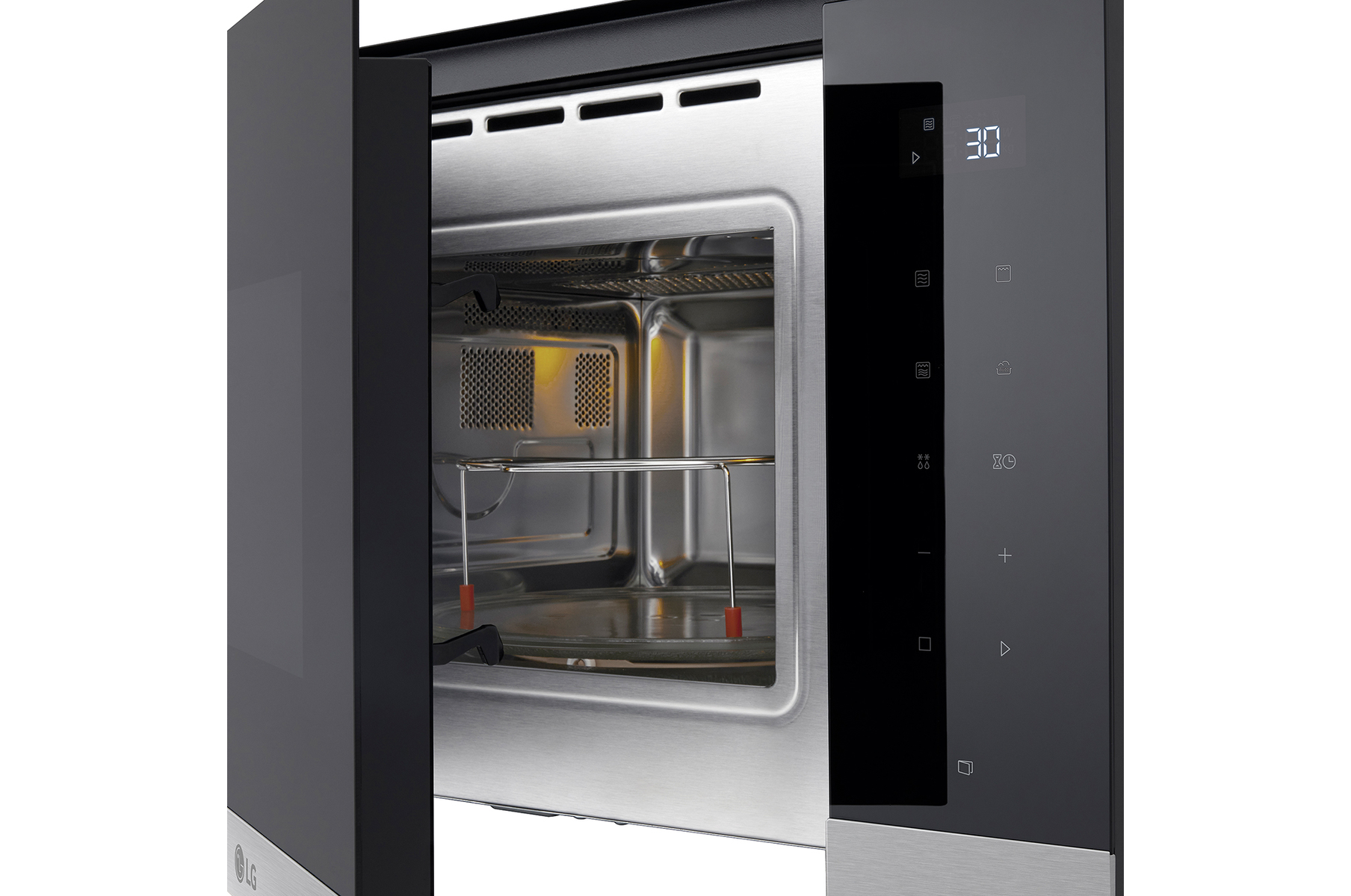 Un horno microondas con la puerta entreabierta. El interior es de acero inoxidable con una placa de vidrio y una rejilla metálica. La pantalla muestra '30'.