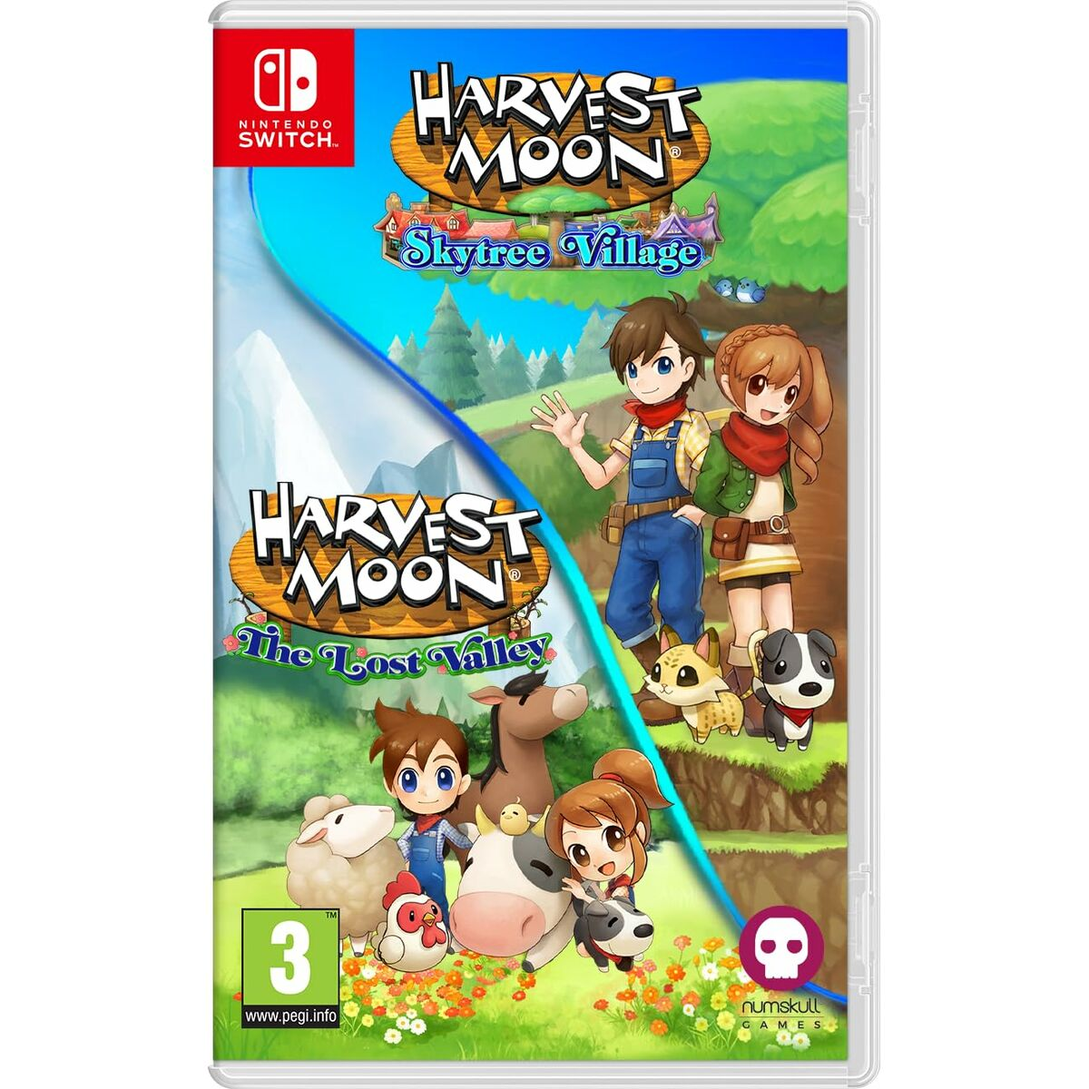 Nintendo Switch Spielhülle mit Harvest Moon. Charaktere stehen mit Tieren, Text 'Harvest Moon' ist zu sehen, und die Spiellogos sind sichtbar.