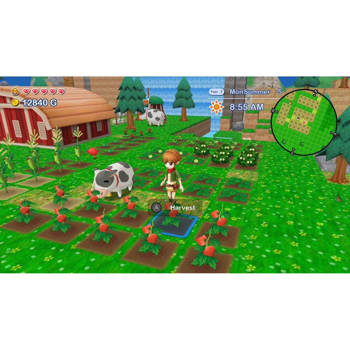 Eine Farm-Szene aus einem Videospiel. Eine Figur steht in einem Feld mit Nutzpflanzen, Kühe in der Nähe. Eine Scheune und eine Karte sind ebenfalls sichtbar.