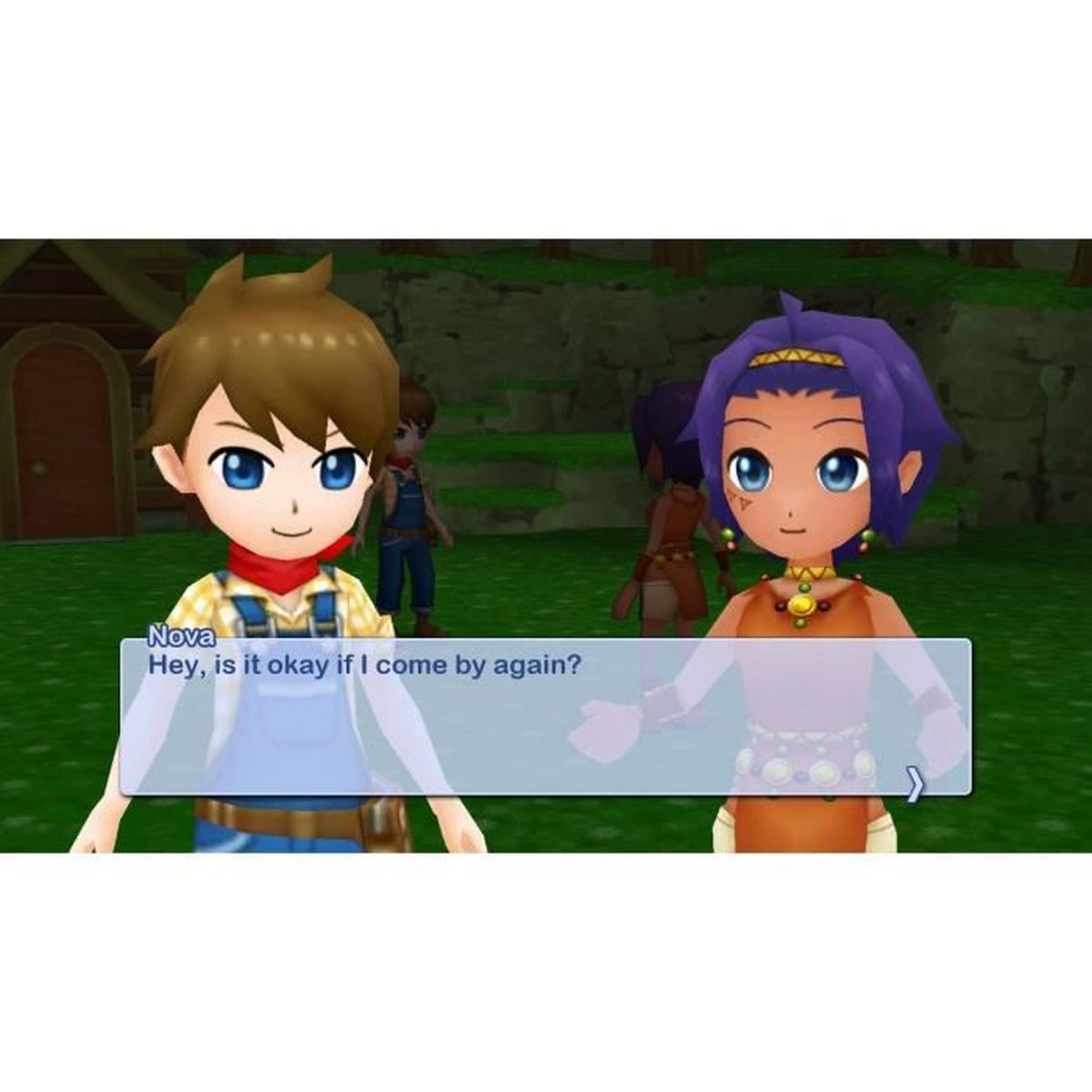 Zwei Anime-Charaktere in einer Spielszene. Einer mit braunem Haar und blauen Augen, der andere mit lila Haar. Dialogfeld vorhanden.